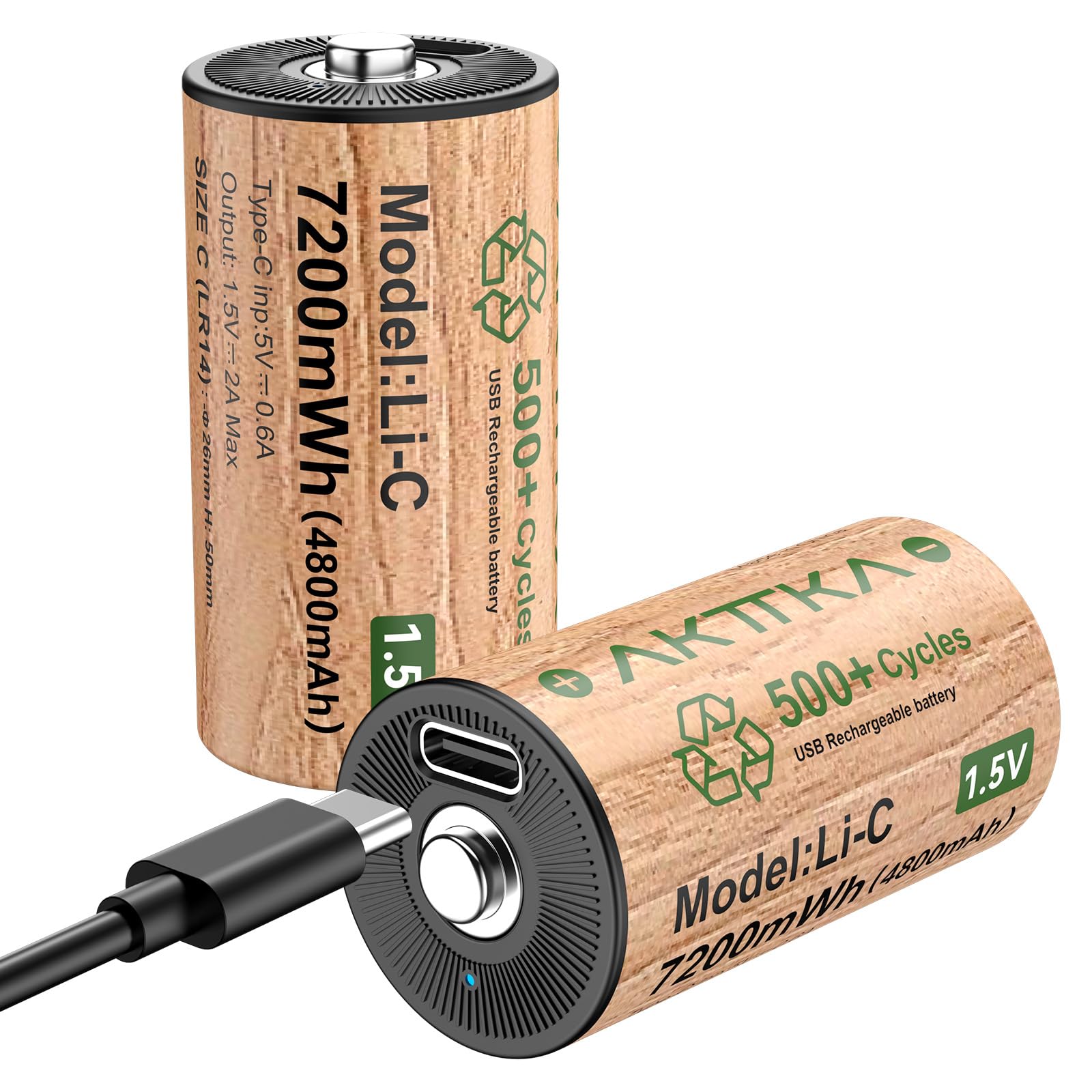 AKTTKA Piles C Lithium Rechargeables 1,5V 7200mWh, 4 Piles C à Haute Capacité avec Câble de Charge Type C, Basses Auto-Décharges, Piles Rechargeables Type C / R14 / LR14