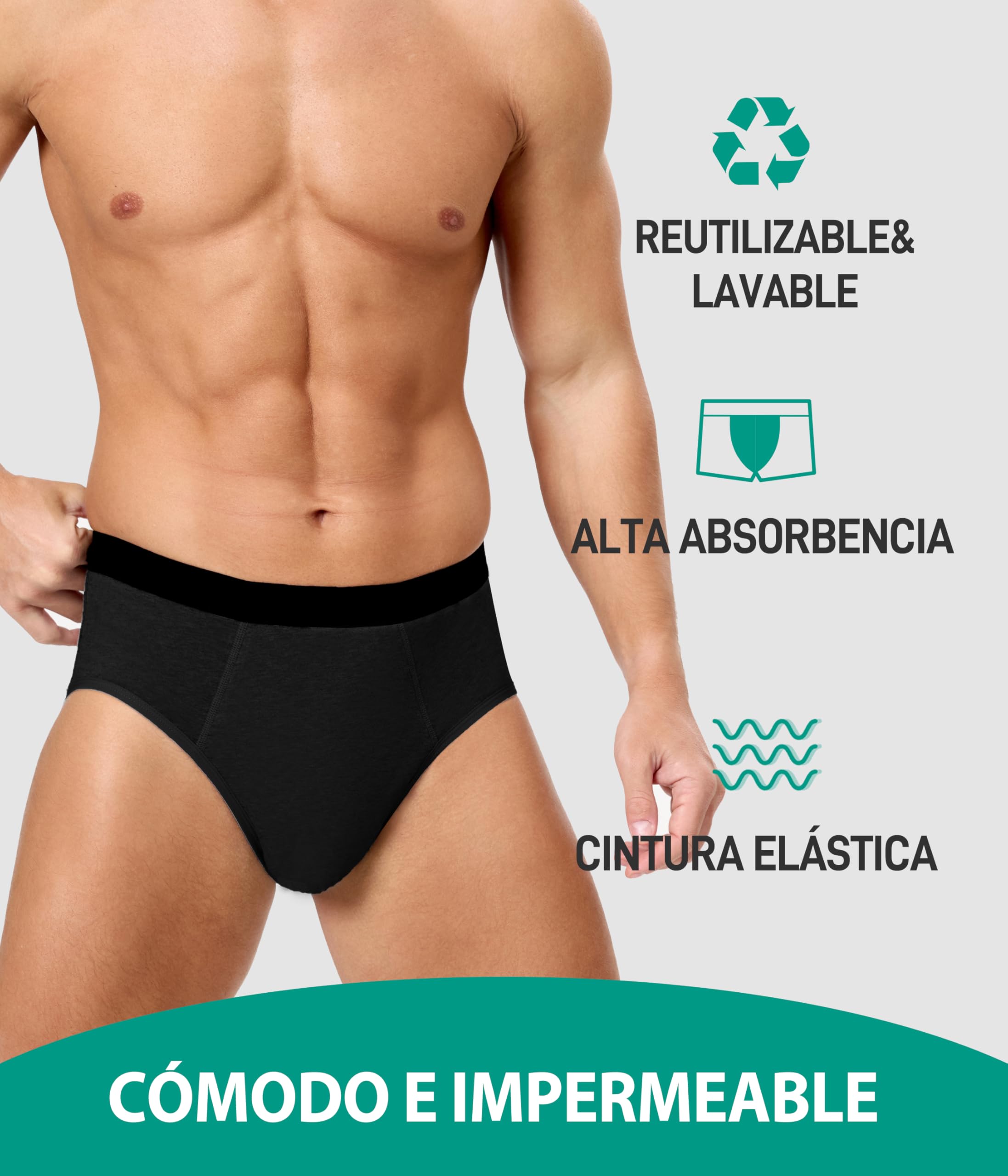Calzoncillos Incontinencia Hombre 3 Pack, Calzoncillos per Incontinenza in Algodón Lavabile con Assorbente 150ml di Volume di Urina, Mutande Riutilizzabili a Prova di Perdite(Negro, XL)
