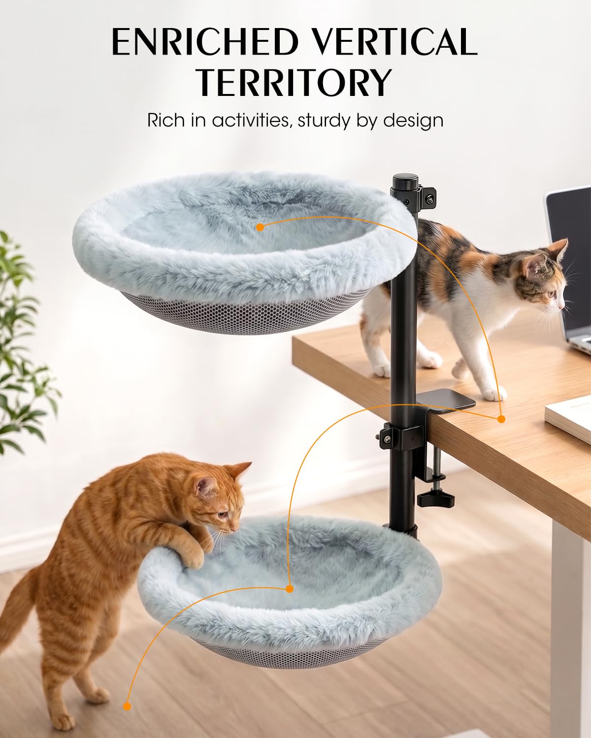 Doppel Katzenbett für Schreibtisch Höhenverstellbar 360° Drehbar Katzen Hängematte Doppelstöckig mit 2 Bezügen Mesh & Kunstfell Stabiler Stahlrahmen bis 30kg Büro Home Office
