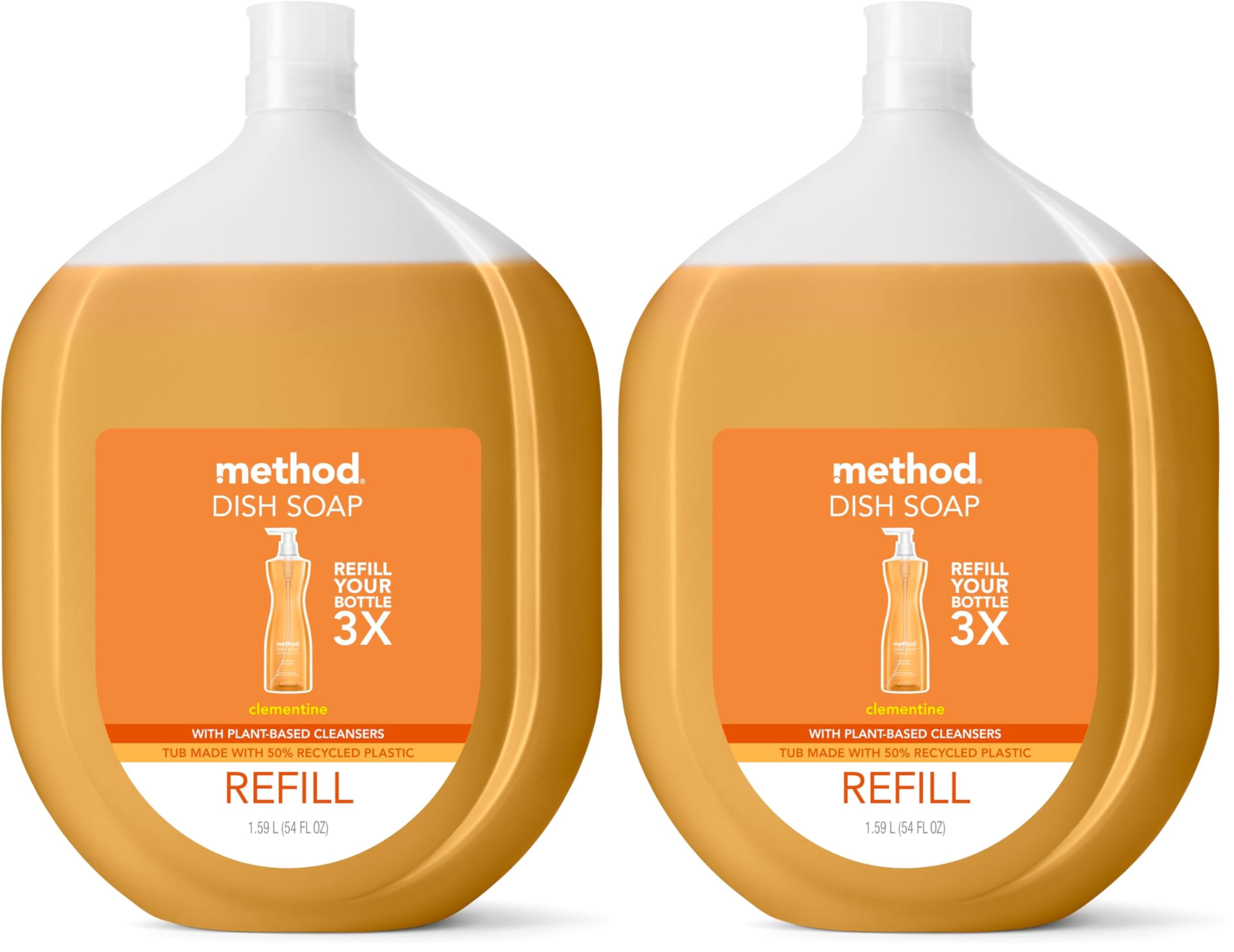 Method Gel Dish Soap, Refill, Clementine, Recylable Bottle, Biodegradable formula, 54 Fl Oz (Pack of 2)