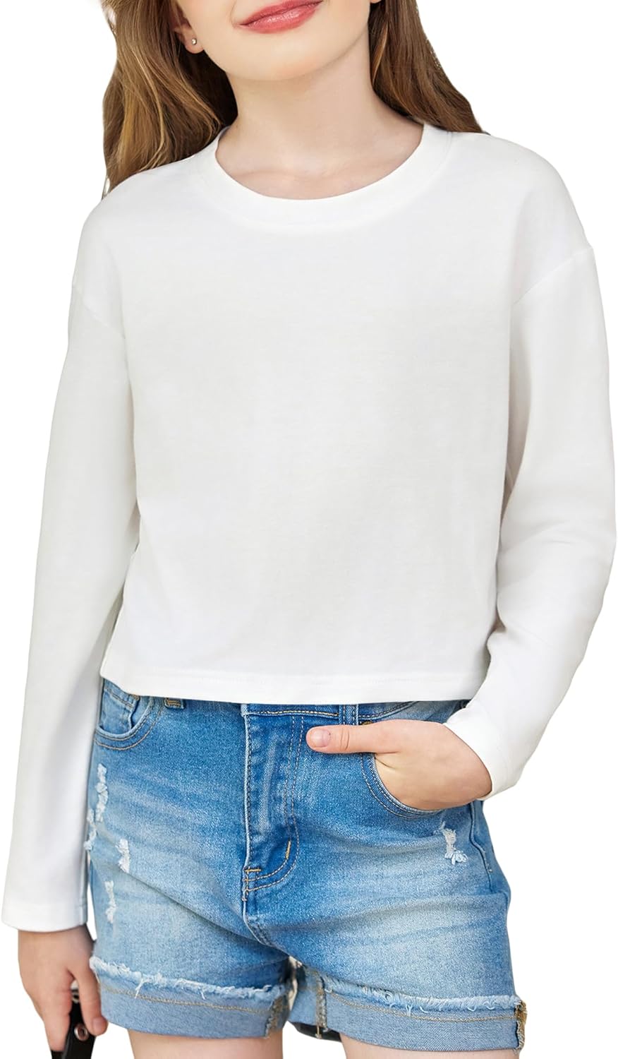 Arshiner Girls Crop Tops Long Sleeve Shirts Drop Shoulder Crewneck Casual Fashion T Shirts Tee