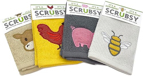 MU Kitchen Scrubsy - Juego de 4 paños de cocina con limpiador integrado animales de granja