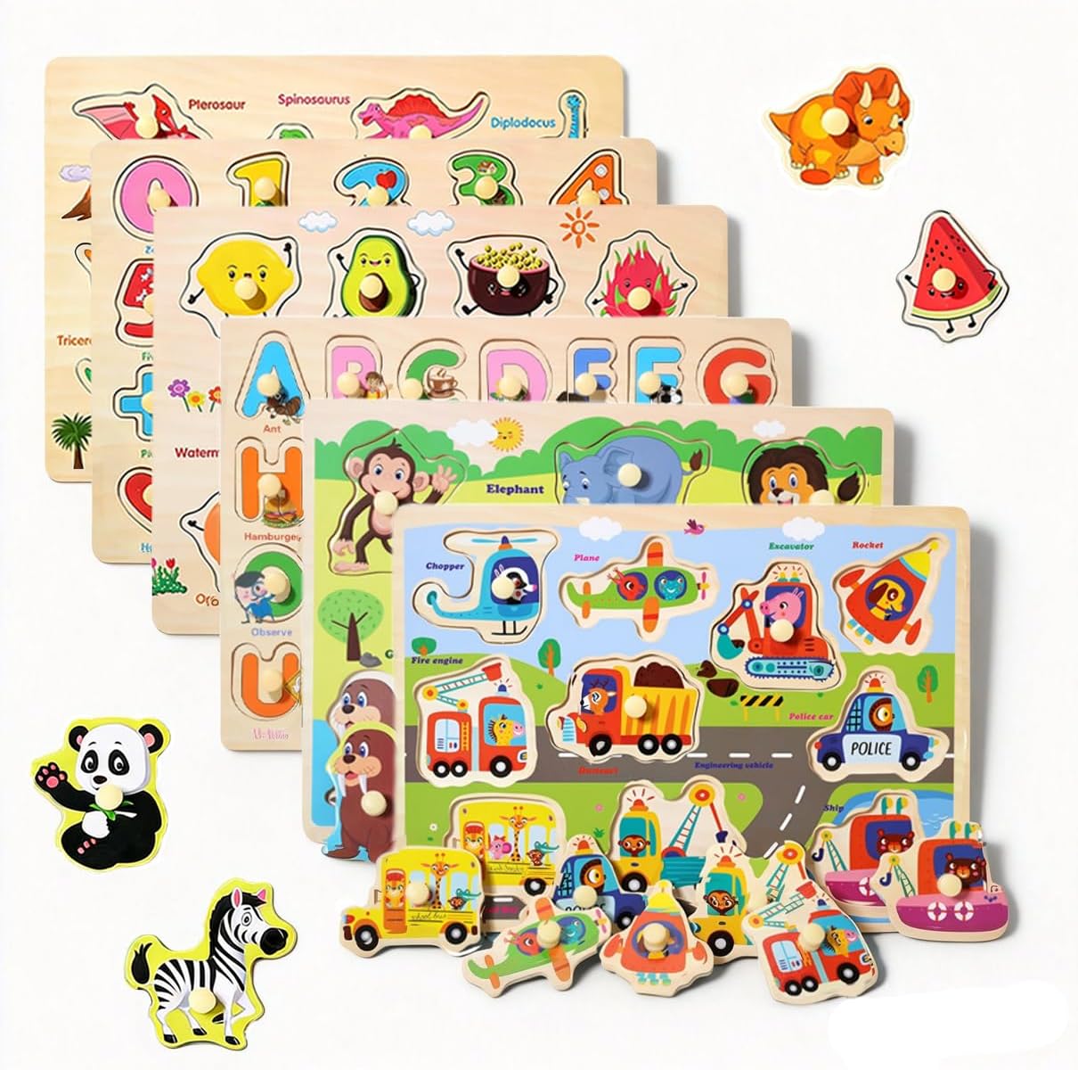 Montessori Wooden Peg Puzzles for Toddlers 2–4, 6 Pack Preschool Learning Toys – Alphabet, Numbers & Math, Animals, Dinosaurs, Fruits & Vehicles – Fine Motor Skills & Early Learning Set