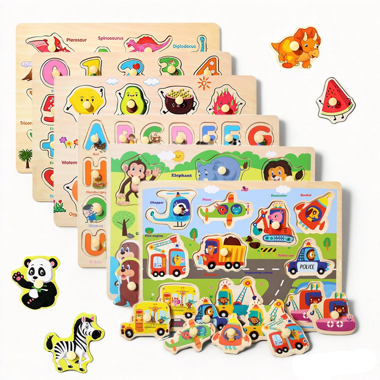 6er-Pack Holz-Puzzles für Kleinkinder und Vorschüler im Alter von 2–4 Jahren | Montessori-inspiriertes Lernspielzeug, Alphabet, Zahlen & Mathematik, Tiere, Dinosaurier, Früchte und Fahrzeuge