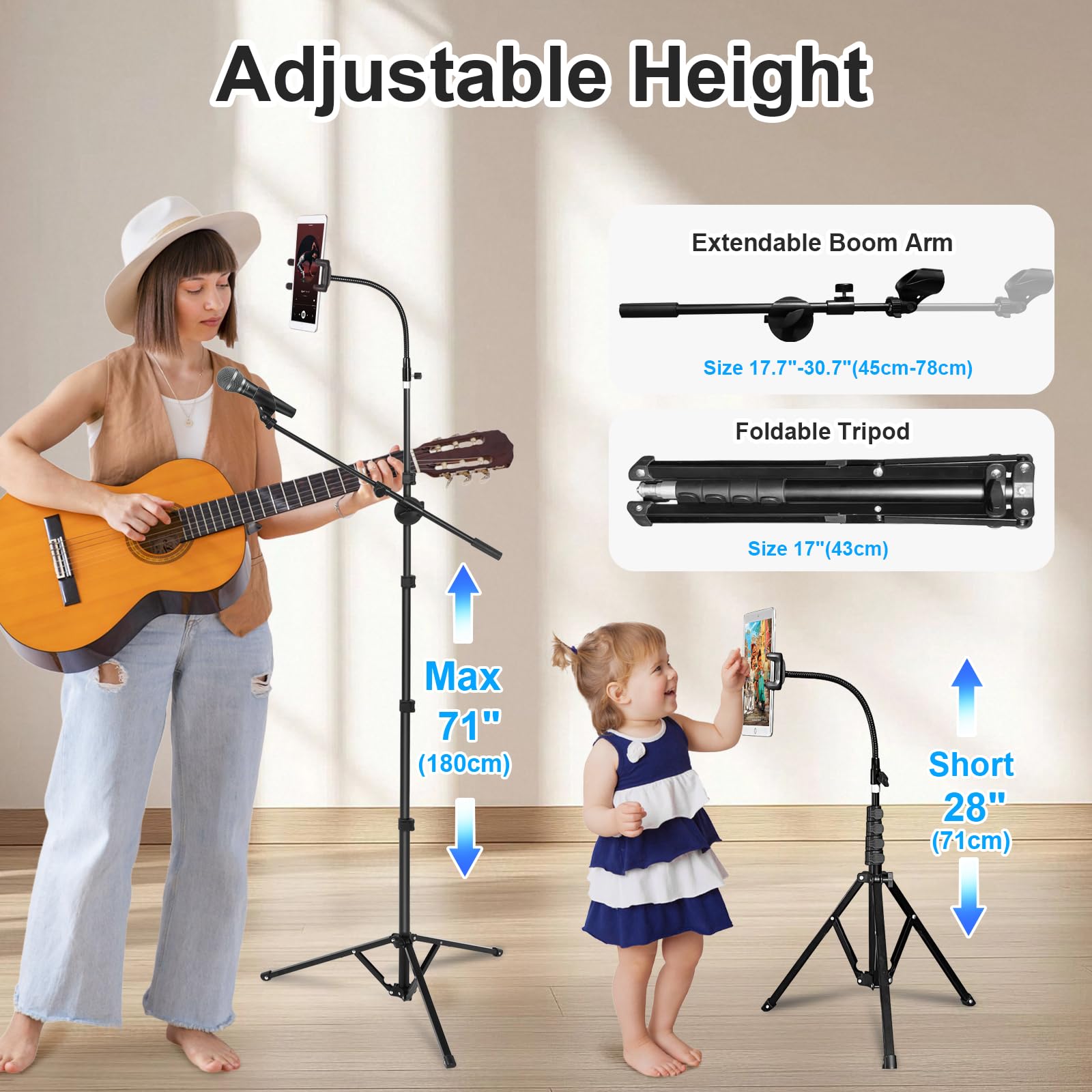 208,3 cm hoher Mikrofon- und iPad-Bodenstativ, faltbar, robuster Galgen-Mikrofonständer mit Handy-/Tablet-Halterung, Dual-Gerätehalterung für Singen, Performance, Karaoke, Sprache, Bühne und