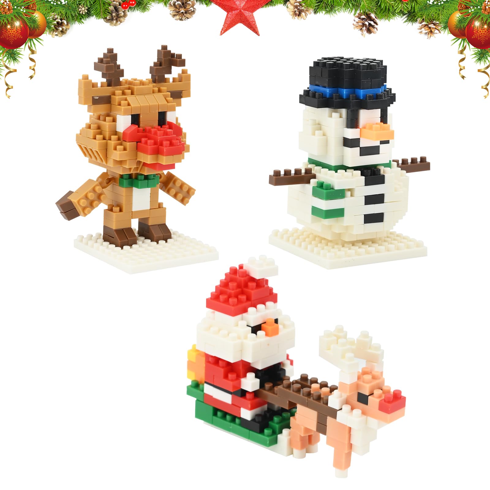 3 Pieces Christmas Building Block Set Santa Claus Snowman Christmas Elk Building Block Toys for Kids Boys and Girls Creative Gifts