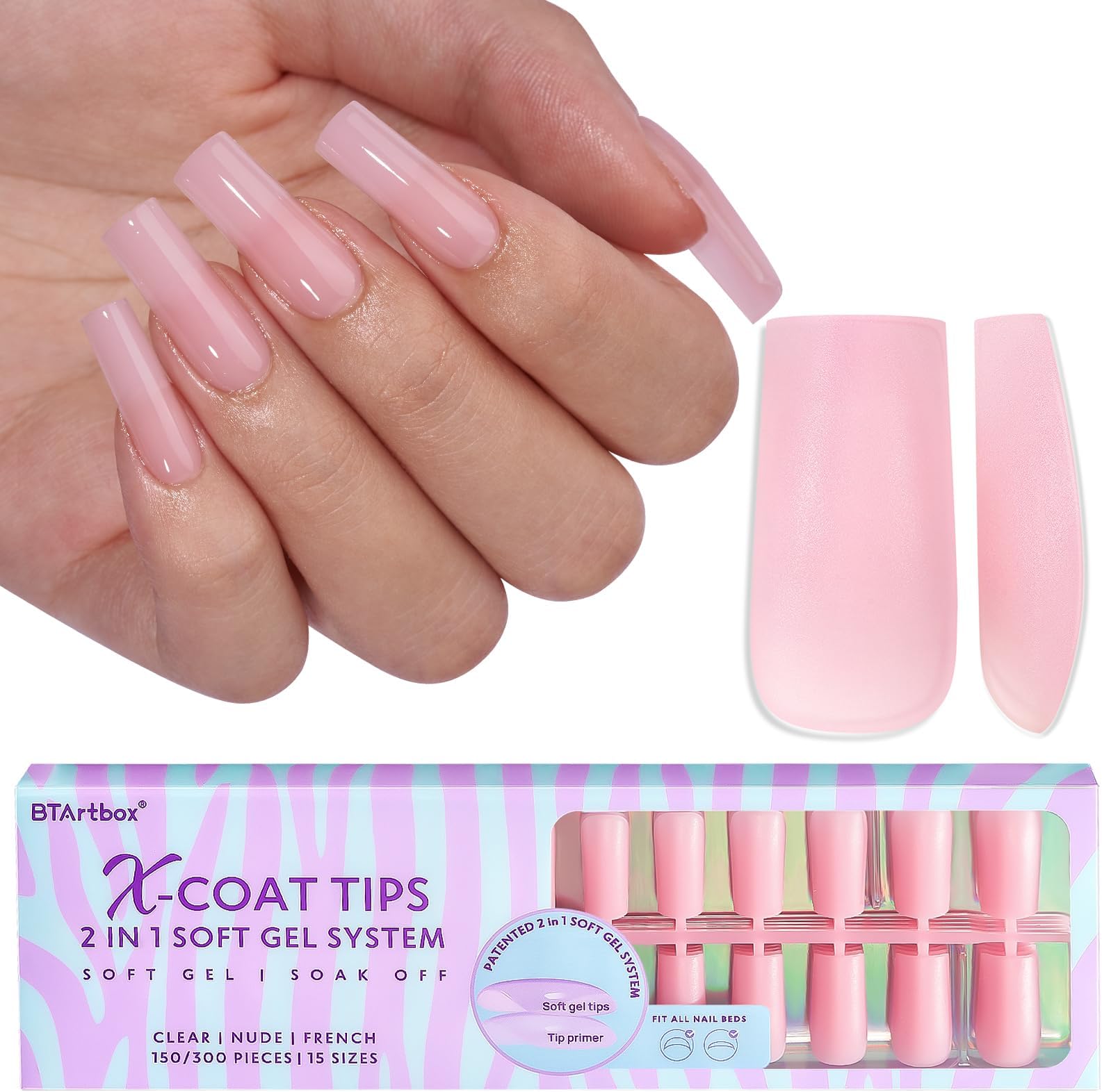 BTArtbox XCOATTIPS Soft Gel Nail Tips - Matte Long Square Press On Nails Pink Colored Natural with Tip Primer Cover, One-Step Full Cover Fake Nails Gel Nails for Nail Extensions Art