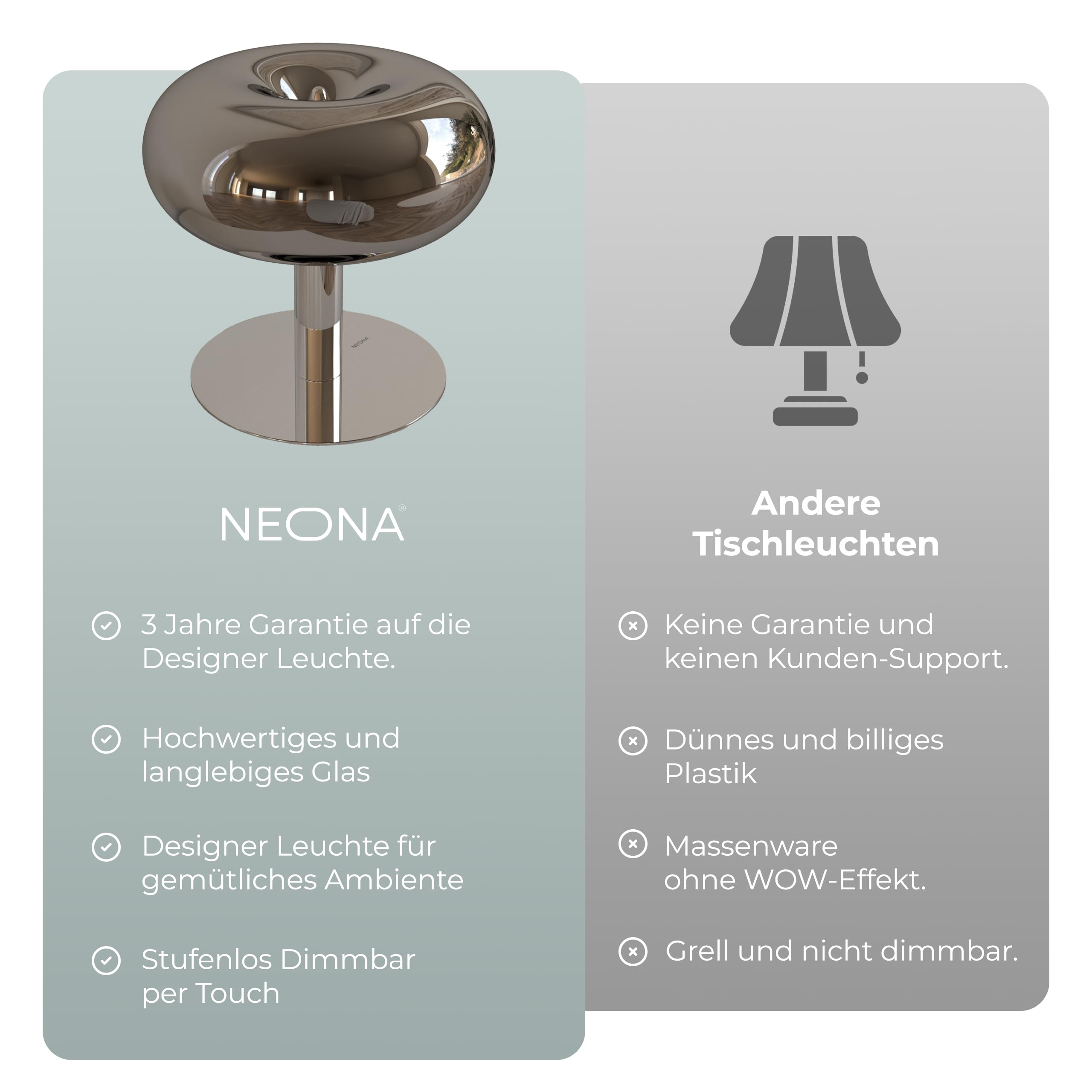 NEONA Lumio LED-Tischleuchte Retro – Dimmbar mit Touch-Funktion | Design-Pilzlampe in Chrom, Schwarz-Chrom & Orange | Moderne LED-Nachttischlampe für Sideboard, Schreibtisch & Wohnbereich