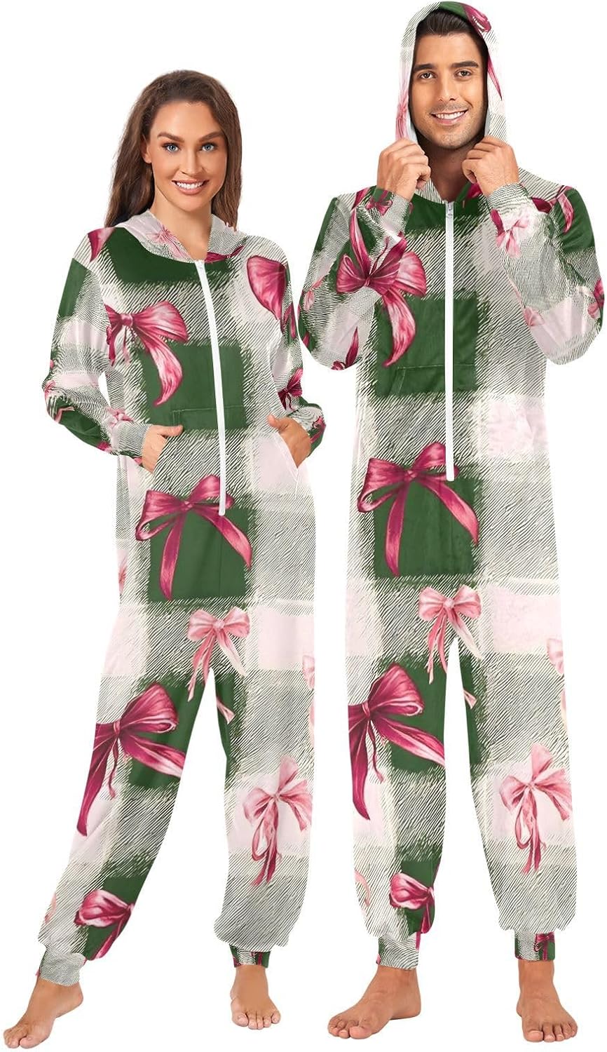 Red Bows Green Buffalo Plaid Adult Onesie Pajamas for Unisex Novelty One Piece Costume Sleepwear