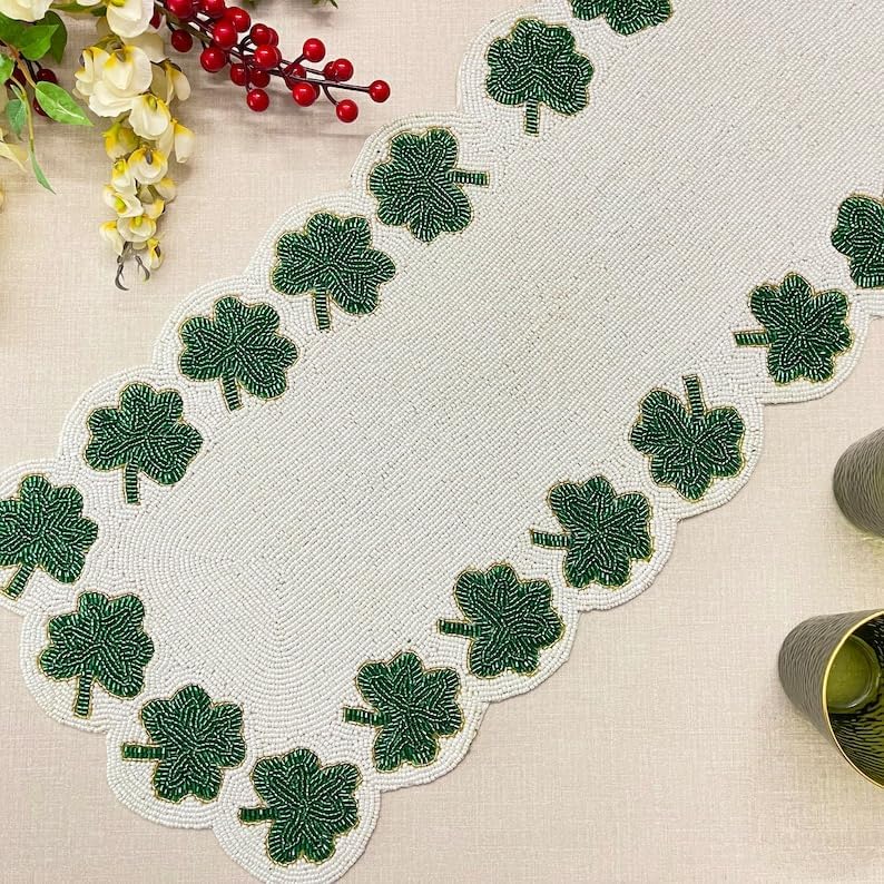 Enliven Handmade Table Runner, Clover Leaf/Shamrock Hand Beaded Runner, Green 13X36Inch