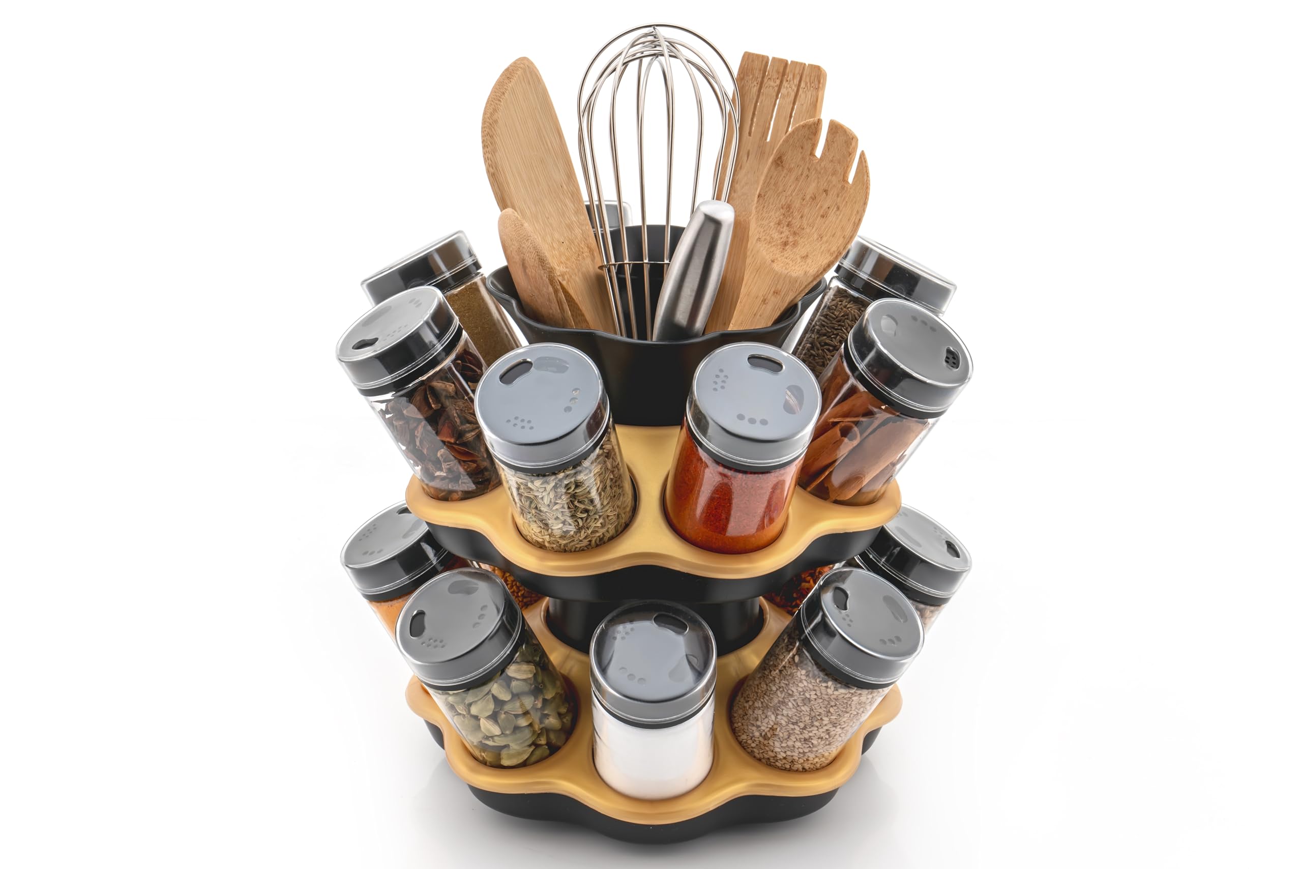 RUSHIL WERE Multipurpose Plastic Revolving Spice Rack 16 in 1 | 360° Masala Rack Set | Unbreakable | Detachable Parts | Airtight Seal | Dark Yellow-Black