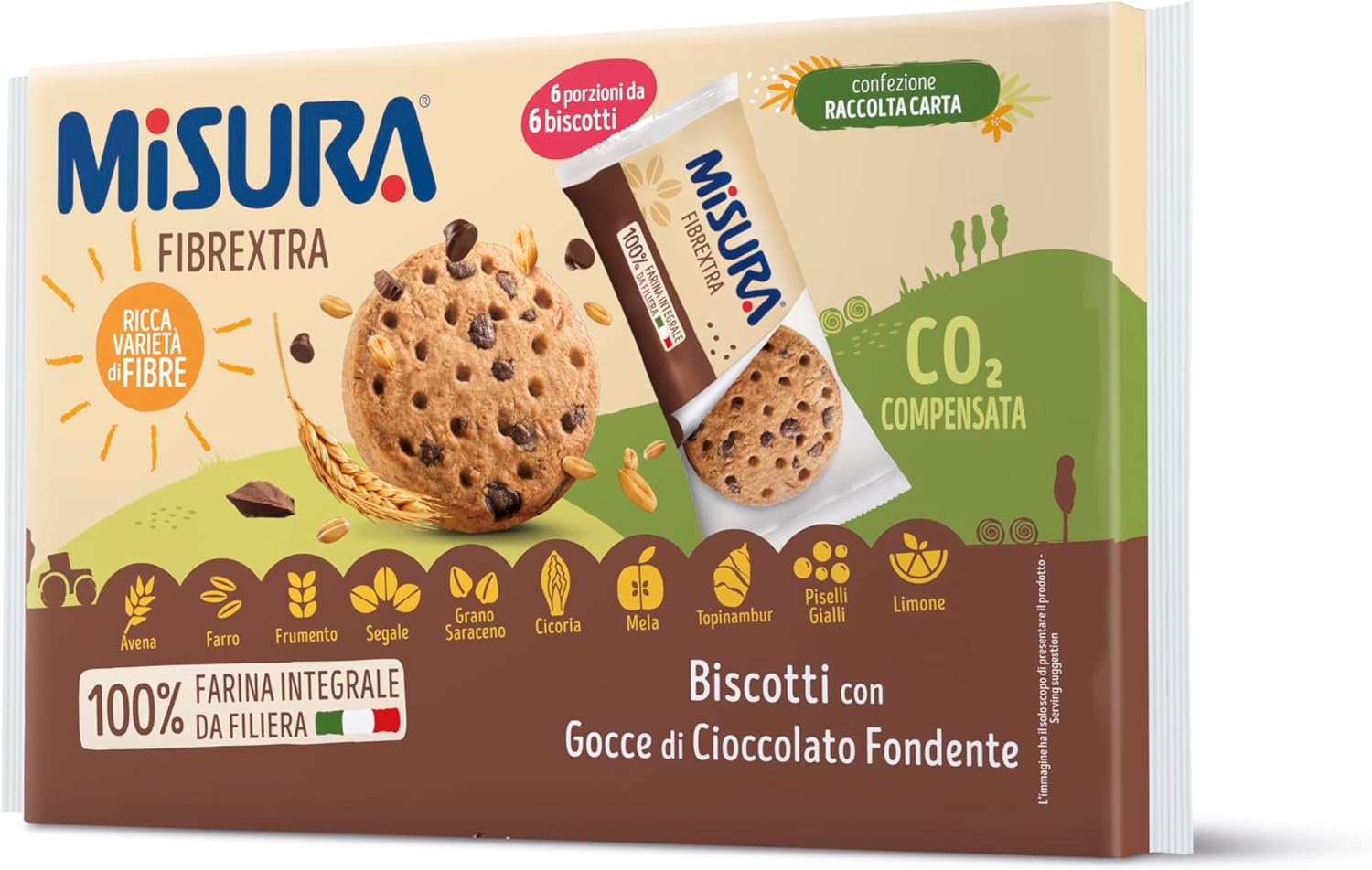 Misura Fibrextra Biscotti Integrali con Gocce di Cioccolato Fondente | Ricchi di Fibre | Farina Integrale da Filiera Italiana | Confezione in Carta Certificata FSC | 6 Porzioni da 6 Biscotti. Gocce di Cioccolato - Monoporzione - Immagine 1