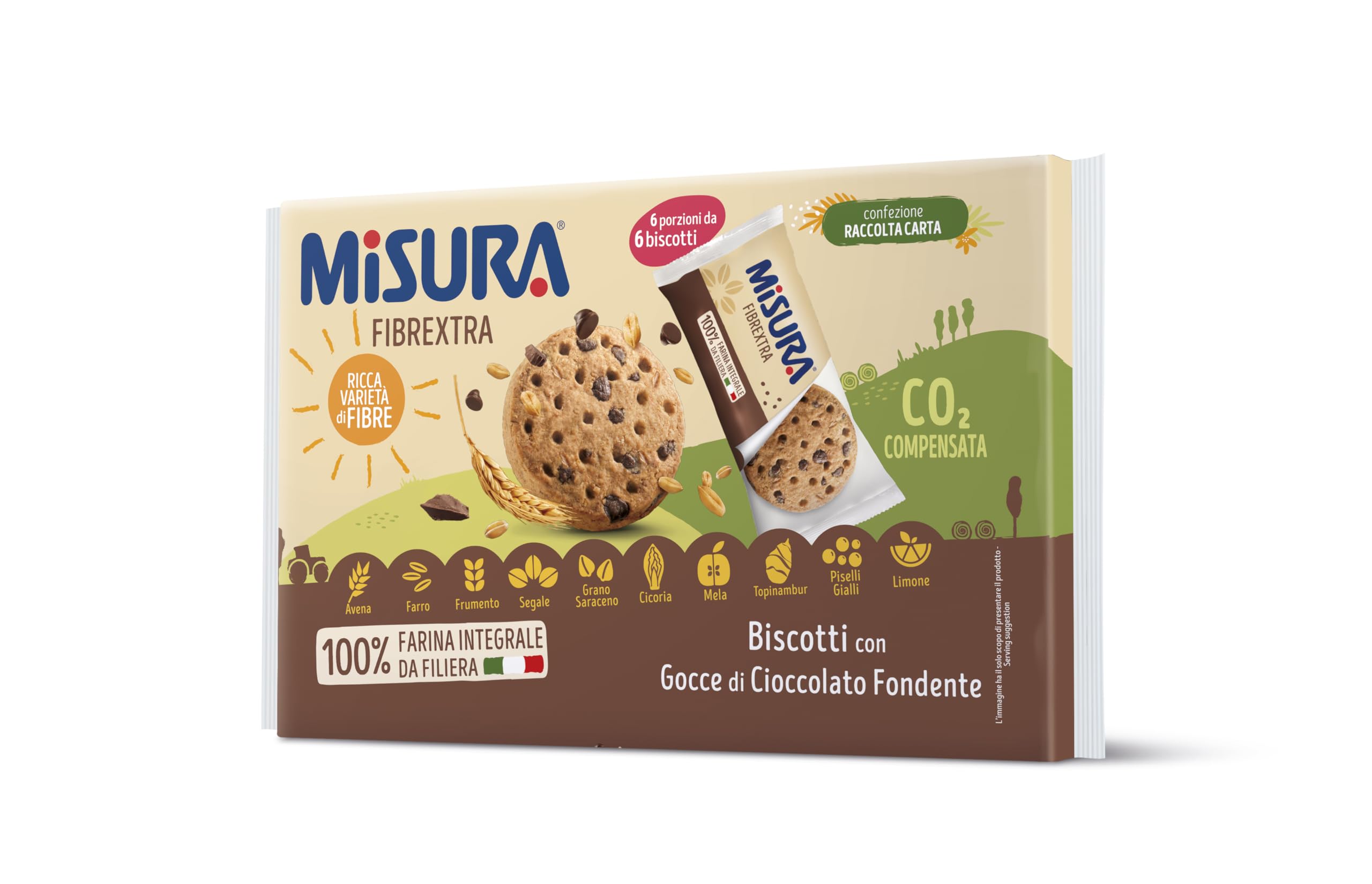 Misura Fibrextra Biscotti Integrali con Gocce di Cioccolato Fondente | Ricchi di Fibre | Farina Integrale da Filiera Italiana | Confezione in Carta Certificata FSC | 6 Porzioni da 6 Biscotti. Gocce di Cioccolato - Monoporzione