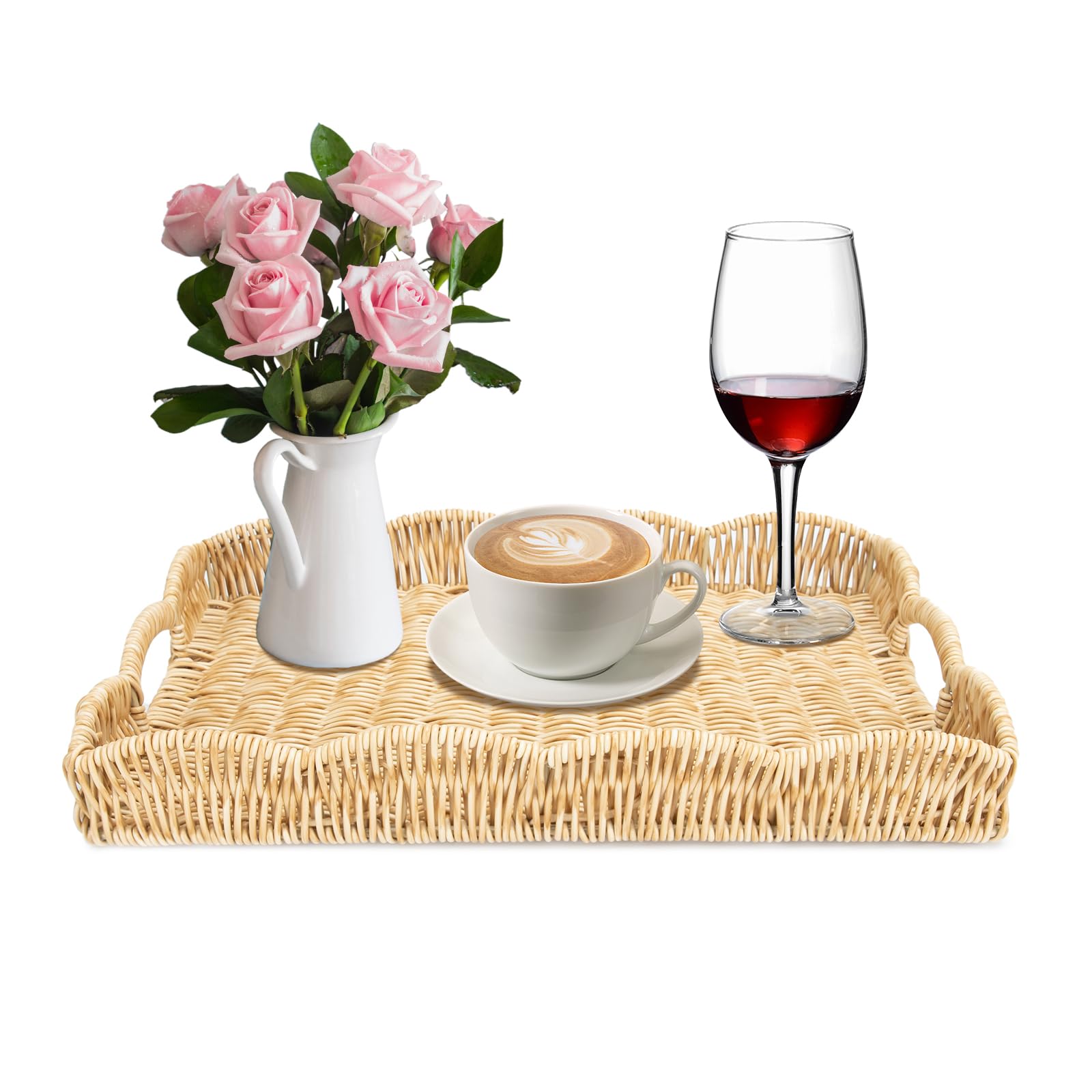 Allhercom Beige Rectangle Wicker Scalloped Tray, Hand Woven Synthetic Rattan Serving Tray With Handles, Coffee Table Decorative Tray Basket For Modern Boho Rustic Home Ornament Or Organizing (Beige)