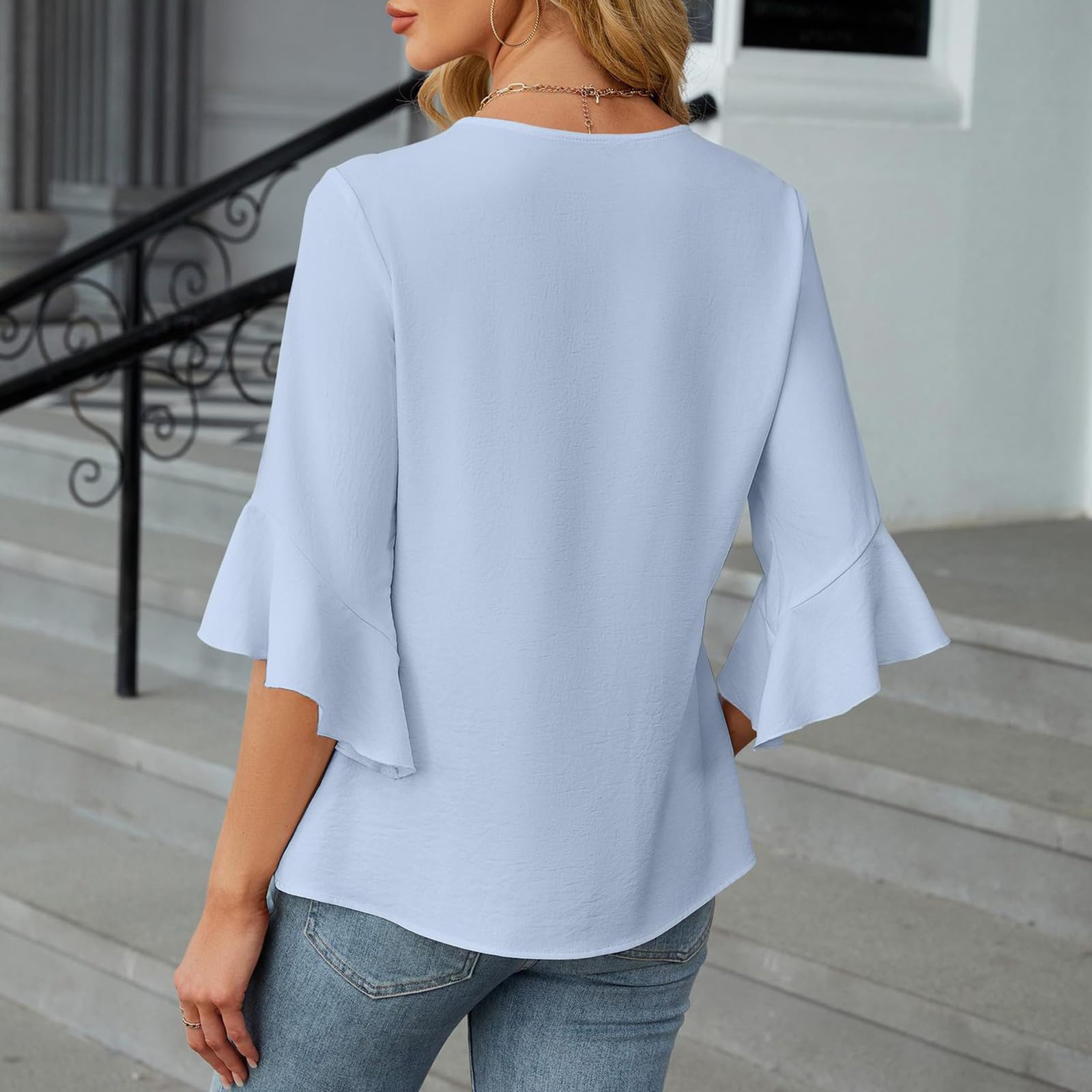 Elegante blusa de manga con volantes de tres cuartos de longitud y cuello en V, ligera y elegante para el trabajo y el ocio, camiseta femenina