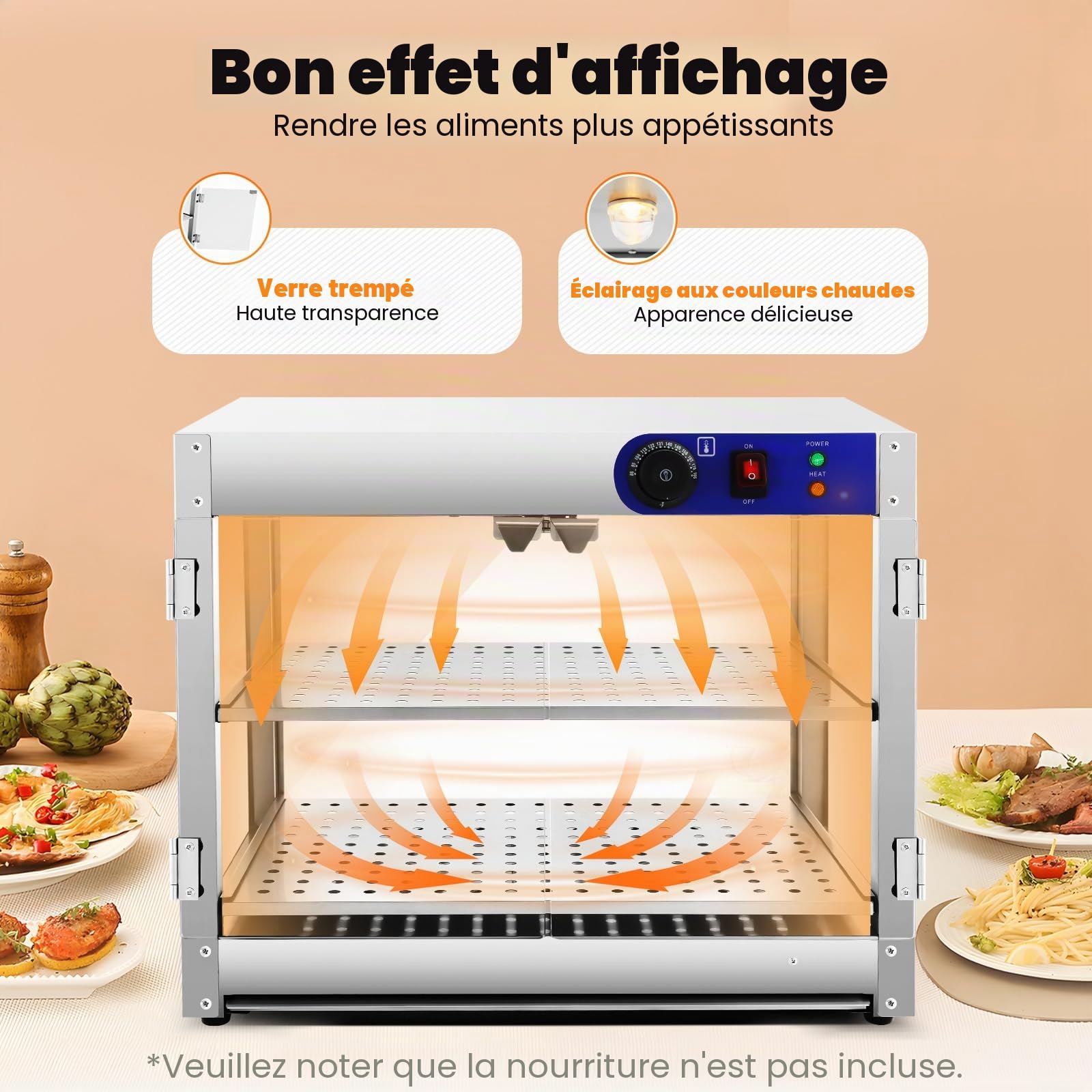Armoire chauffante, chauffe-plats, 30 à 85 °C, comptoir chaud, 800 W, vitrine de maintien au chaud avec 2 bols en acier inoxydable et 1 pince à pain pour cantines, boulangeries, cafés, restaurants