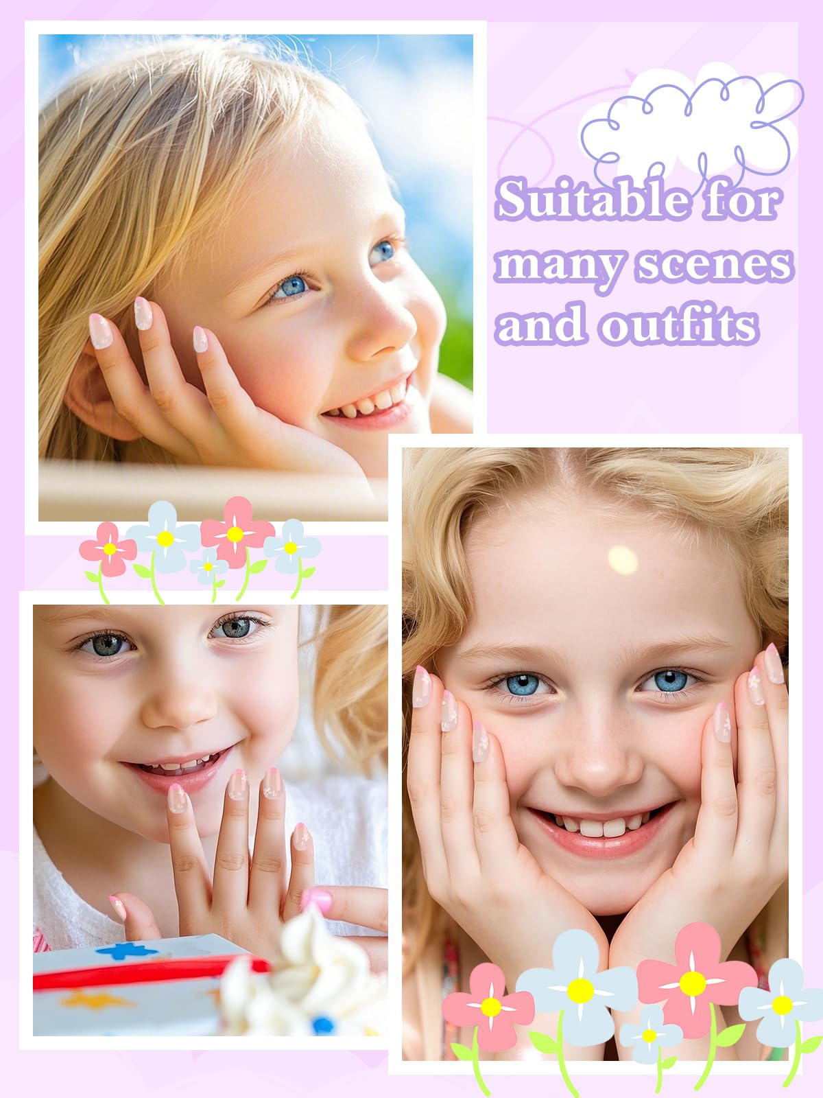 EBANKU 26 stuks prasy do paznokci kunstnagels voor kinderen, Franse bloemen kunstnagels voor meisjes van 5-12 jaar met nagellijm en nagelkussentjes voor thuisgebruik | Dla dziewczynek w wieku 5-12 lat z klejem do paznokci i podkładką do paznokci do domu D