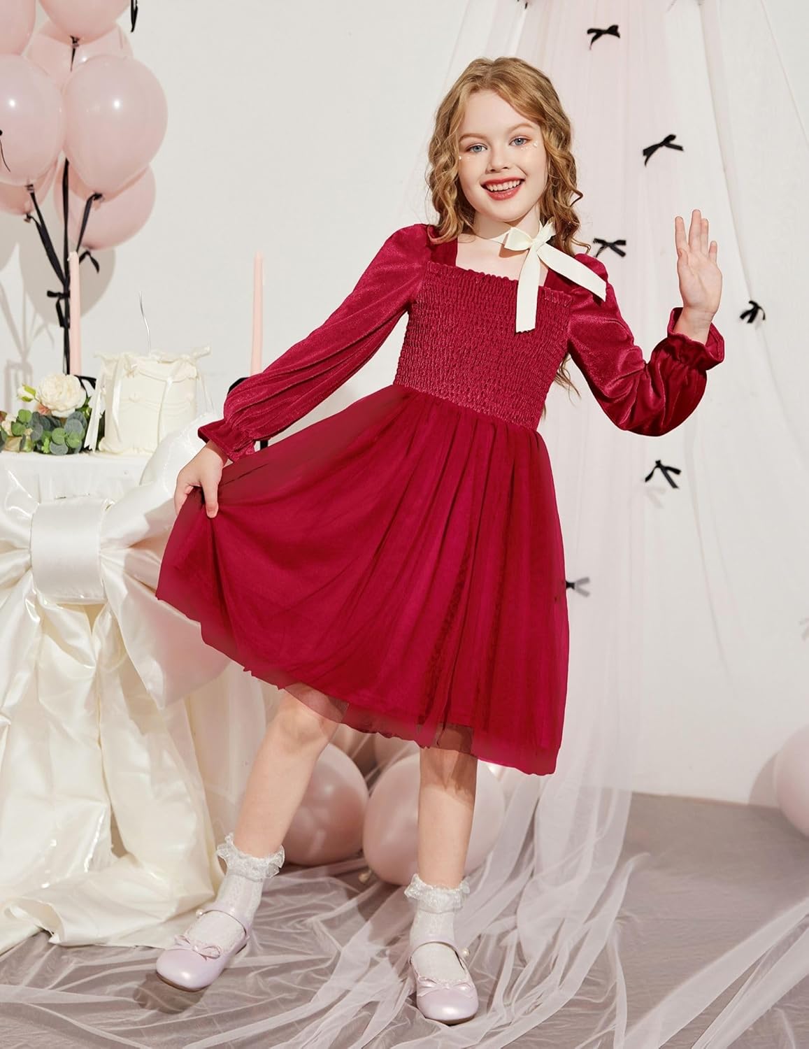 Arshiner Toddler Velvet Tutu Dress Tulle Puff Long Sleeve Square Neck Smocked Fall Winter Formal Party Birthday Dresses - Image 2