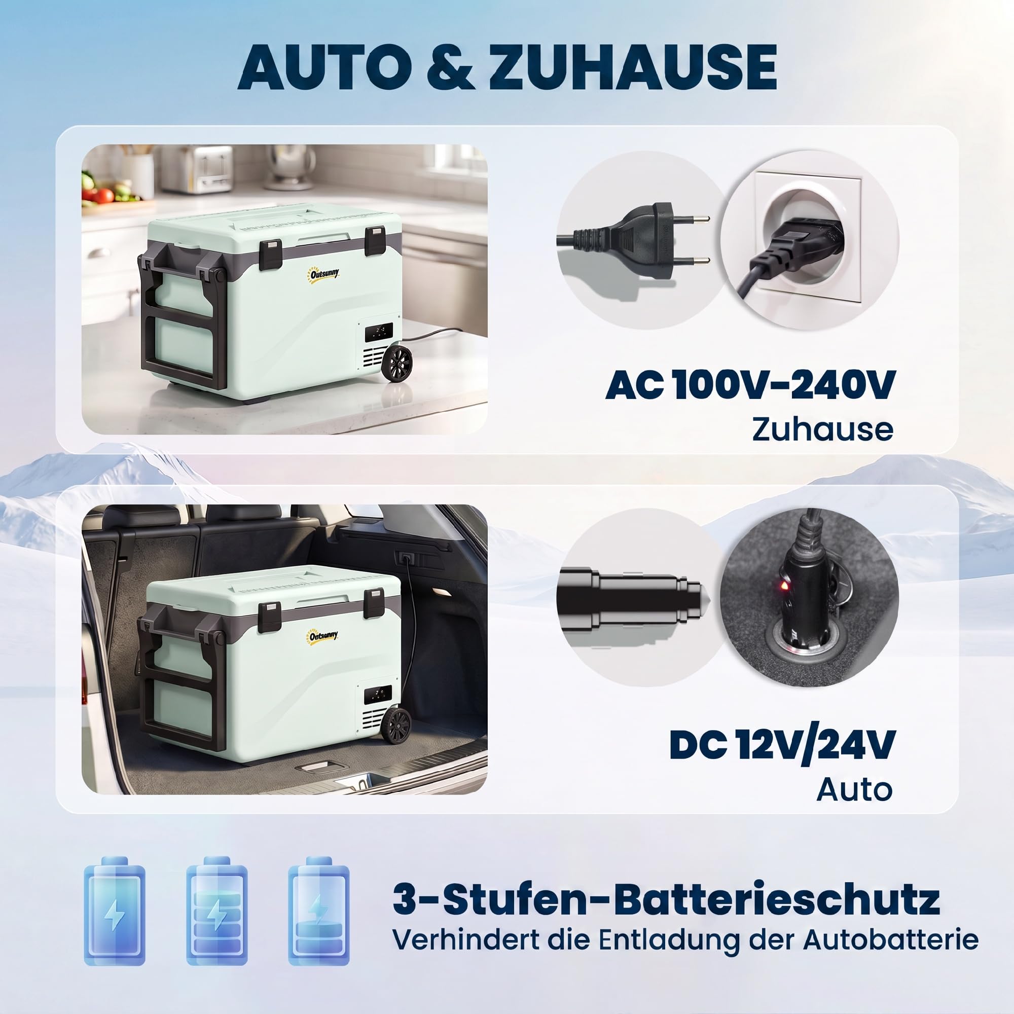 Outsunny 42,5L kompresor chłodziarka cicha do -20℃ BT LED rolka Zielony | Mini lodówka elektr., funkcja chłodzenia, uchwyt na tel., antywstrząsowy, zamrażarka, 12/230V, auto, ciężarówka, podróż