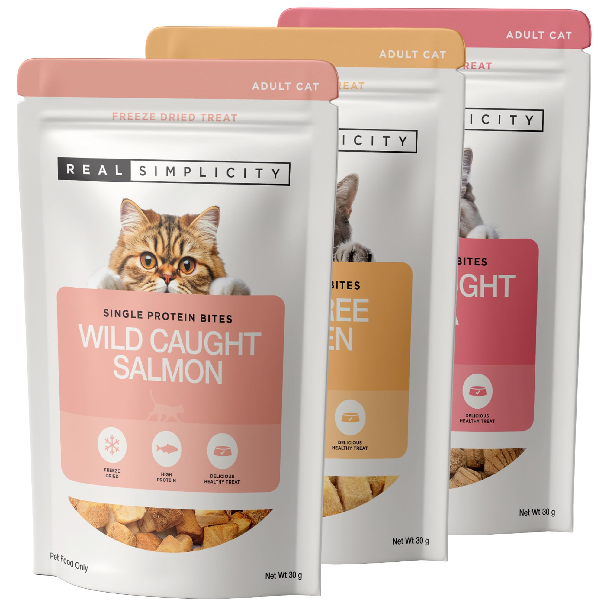 Real Simplicity Freeze-Dried Cat Treat Variety Pack, Single Protein Raw Bites with Chicken, Salmon & Tuna, Up to 97% Real Muscle Meat, High Protein Grain Free Treats & Meal Toppers, 3 x 30g