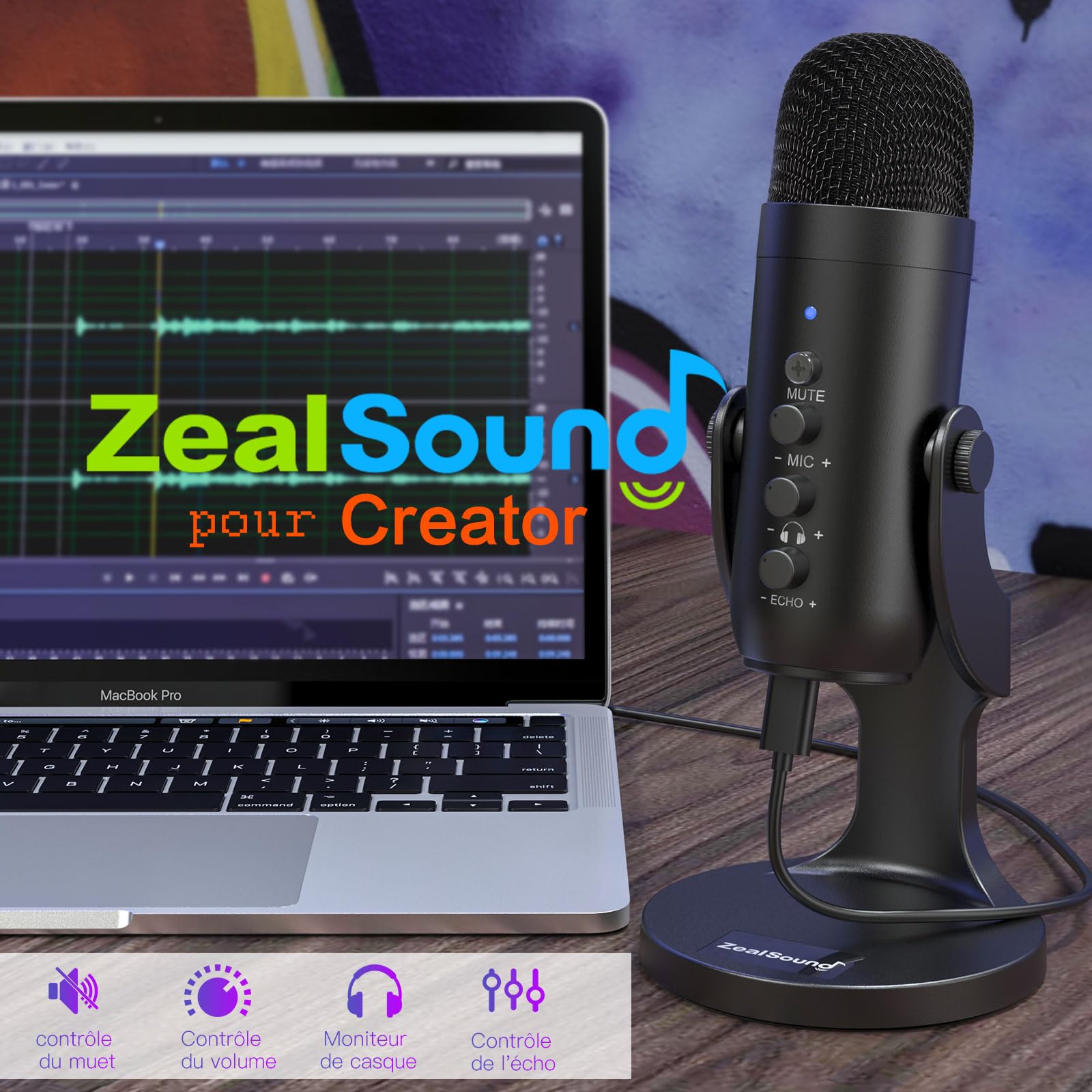 ZealSound Micro Podcast USB à Condensateur - Réduction du Bruit Microphone pour PC, téléphone & iPhone, avec Muet, Gain & Echo, pour Gaming, Streaming, Enregistrement, Twitch, Mac, Windows et PS5, K66