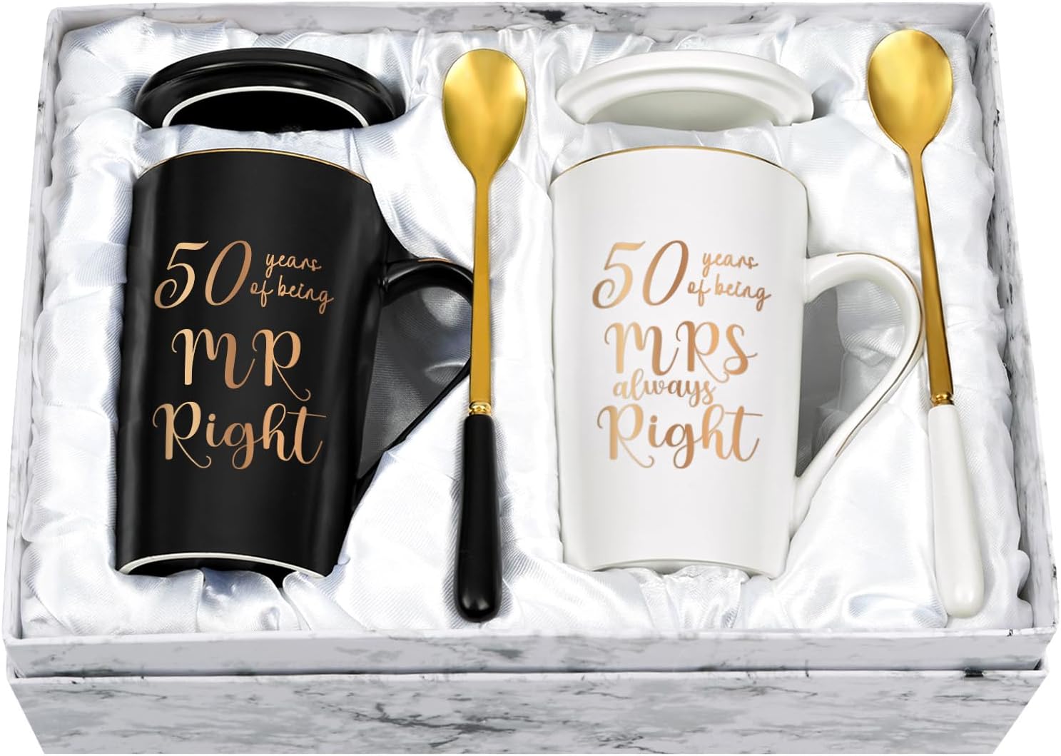 YHRJWN - 50th Wedding Gifts, 50 Years of Being Mr & Mrs Always Right Mug Set, Wedding Gifts Ideas for Parents Couple, 14 Oz with Lids and Gift Box