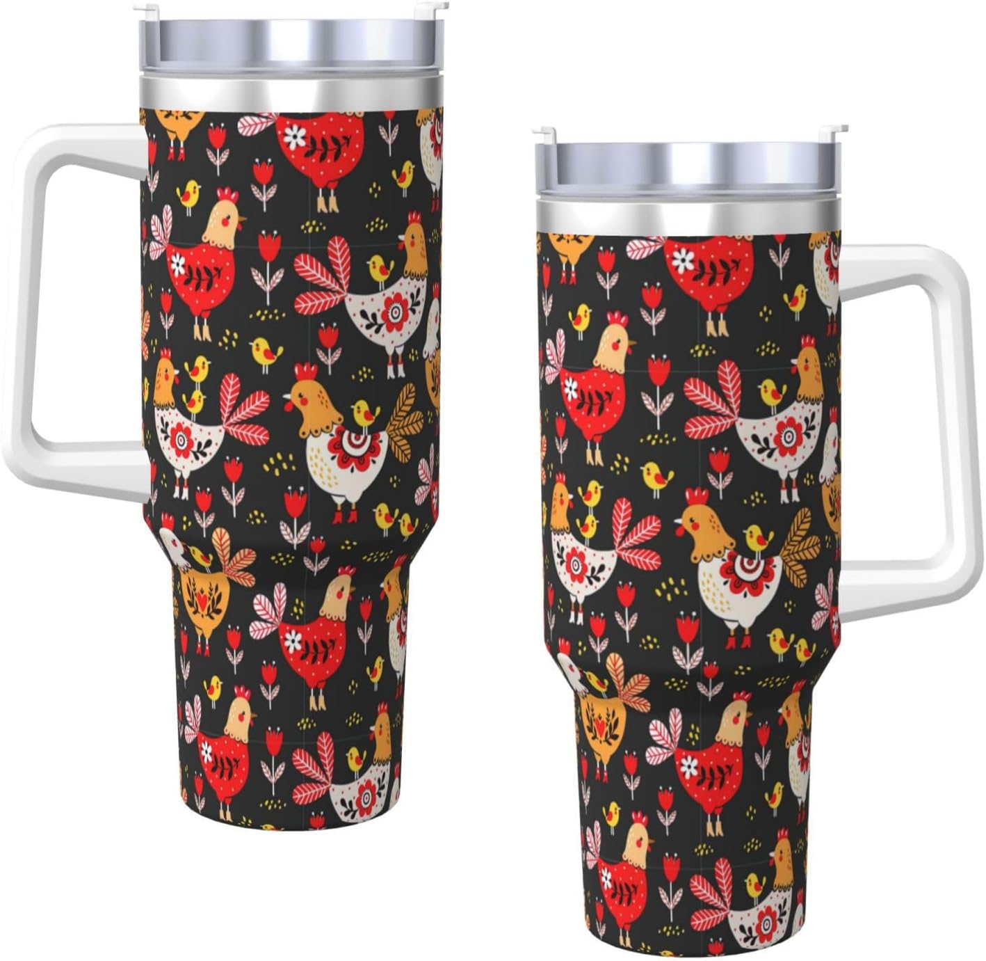 40 OZ Cute Rooster Chickens Print Ice Bully Cup with Handle Straw Lid Straw,Stainless Steel Tumbler Coffee Cup