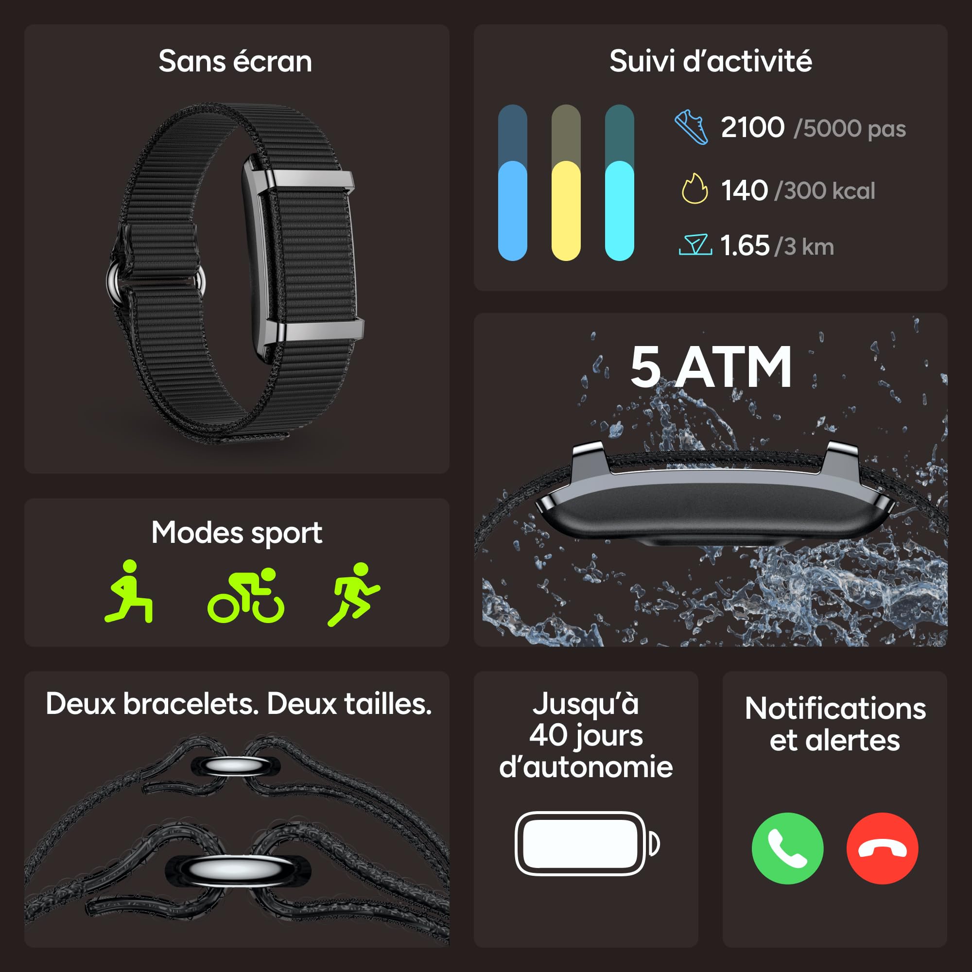 KSIX Bracelet connecté Vitalis sans écran, bracelet minimaliste avec moniteur de fréquence cardiaque, oxygène, température, sommeil et stress, étanche jusqu'à 5 ATM, autonomie de 30 jours, 2 bracelets