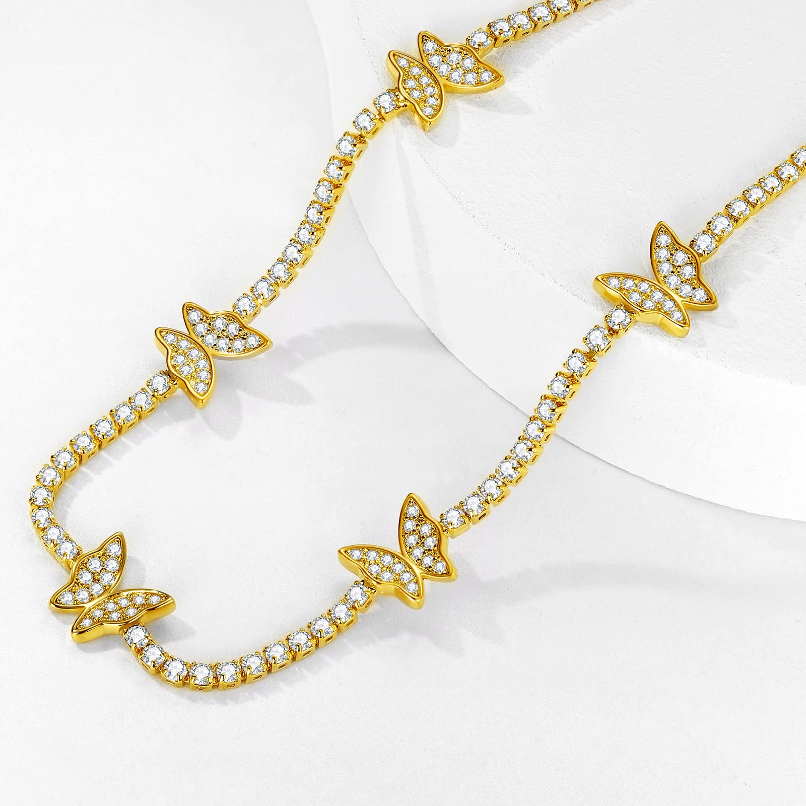 Luxval Tennis Necklace 14K Gold Plated Rhinestone Butterfly Choker Necklaces for women Dainty Zirconia Cut Faux Diamond chain 3mm: Gold-butterfly