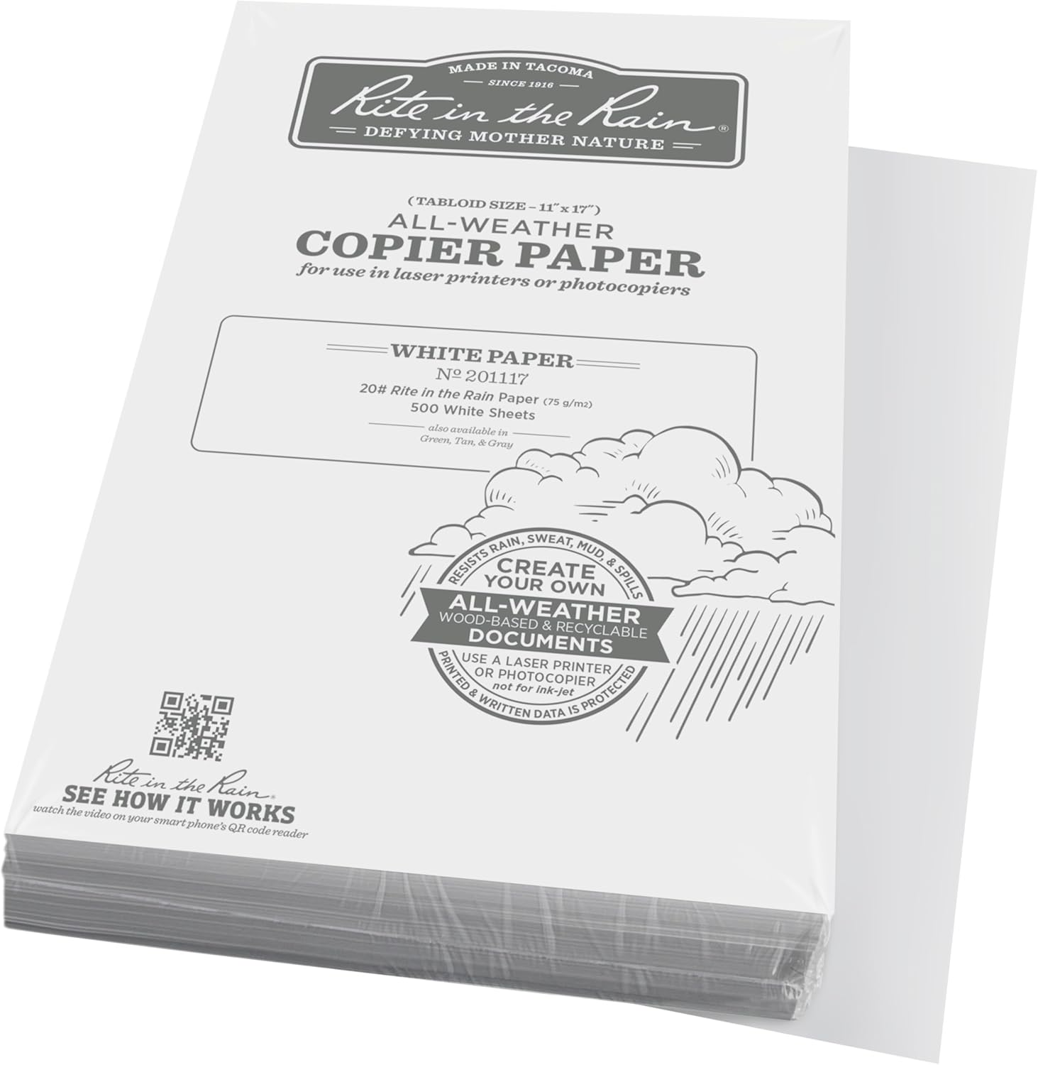 Rite In The Rain Weatherproof Laser Printer Paper, Tabloid Paper Size 11" x 17", 20# White, 500 Sheet Pack (No. 201117)