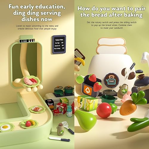 Miniatura 5 de Juego de 101 piezas de cocina para niños, juego de cocina para niños pequeños con estufa de sonido, luces, música, grifo, fregadero y comida de