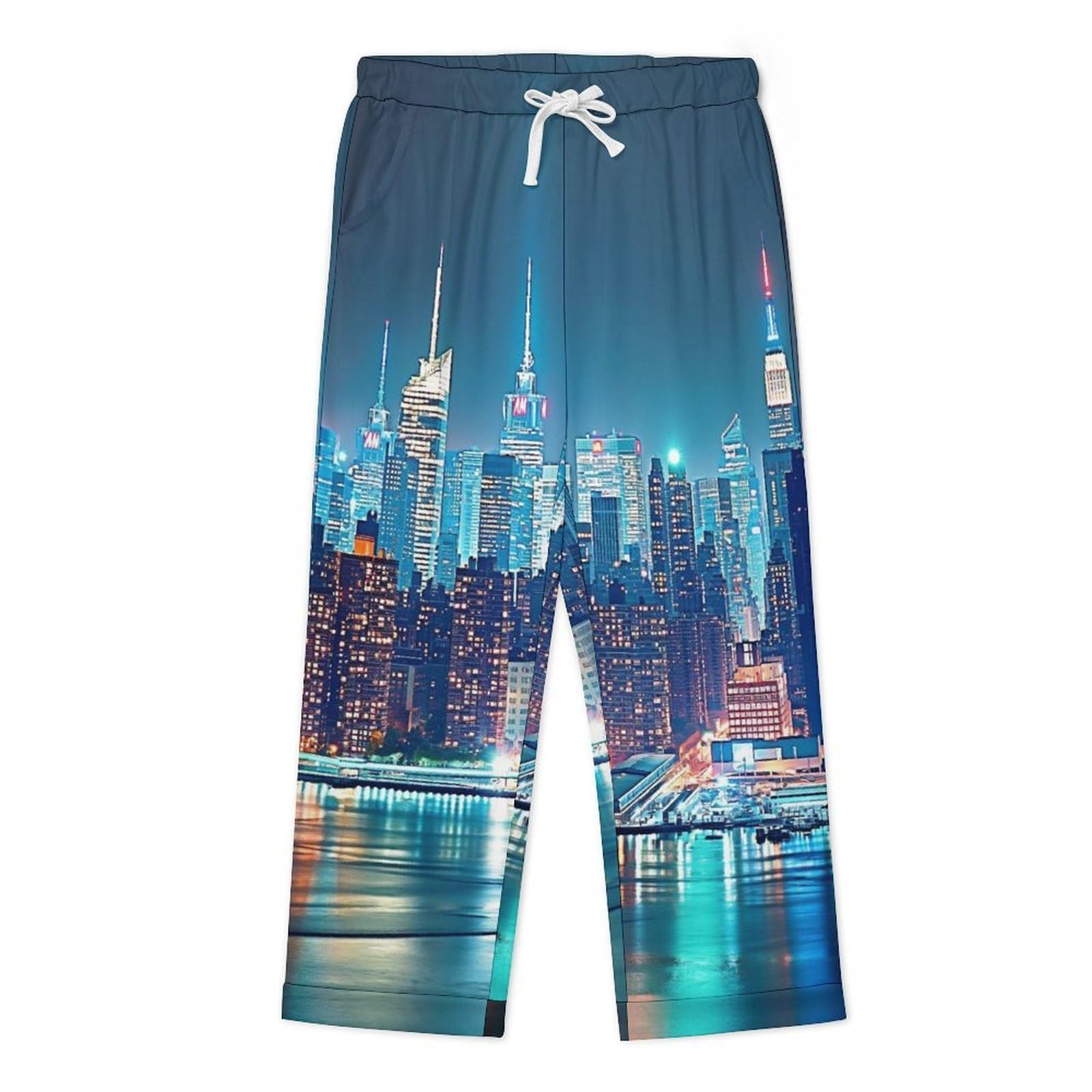 OLEETS Completo Pigiama da Uomo - Vista Notturna della Città Pigiama Invernale Pantaloni Top Caldo Autunnale Traspirante Morbido 2 Pezzi Casual Ampio