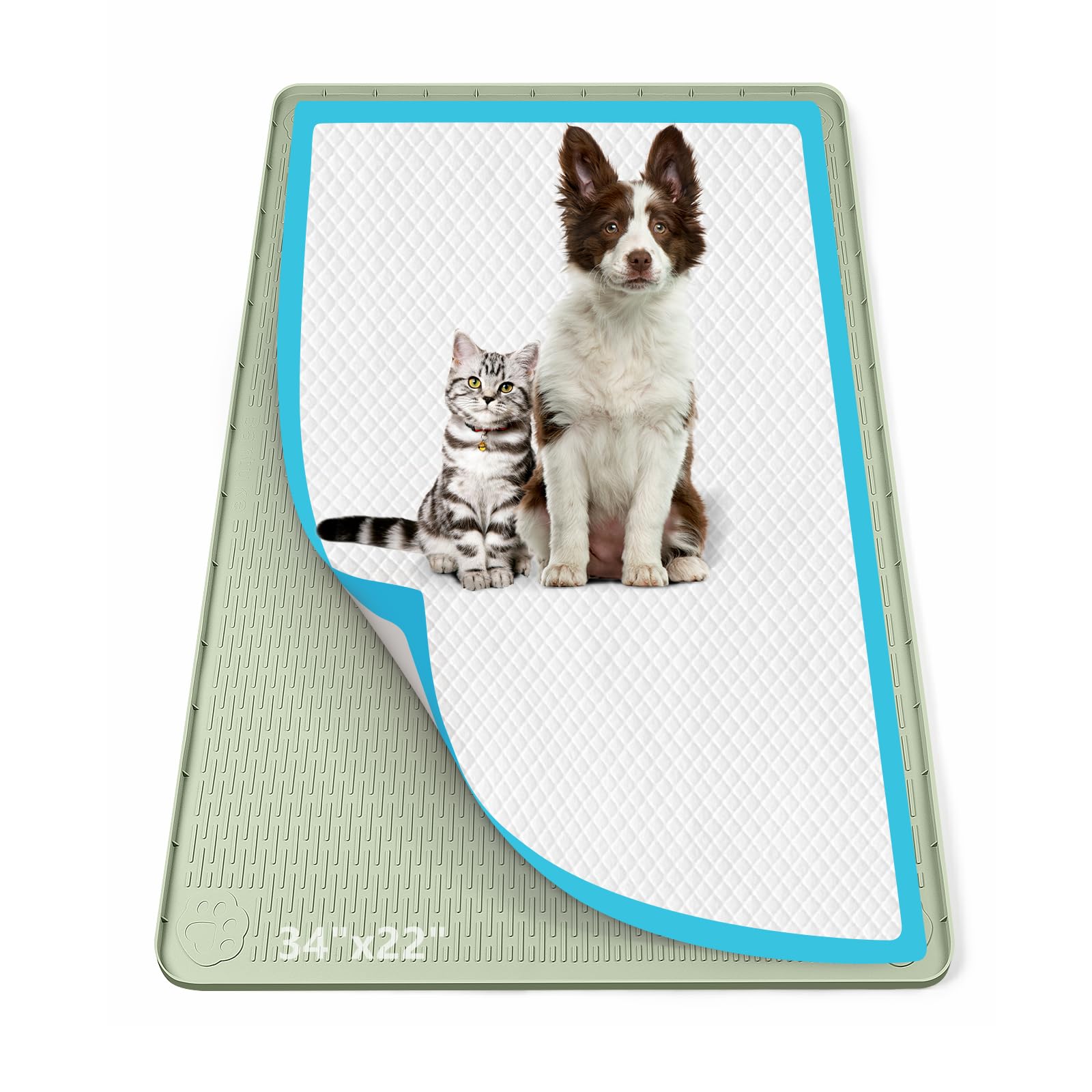 Bartuke Pee Pad Holder for Dogs, 34" x 22" Silicone Pee Tray Mat Leak-Proof, High Edge, No Spill Pet Pad Holder for Puppy, Cat, Rabbit, Training Pads for Floor Protection, No Pee Pads (Green)