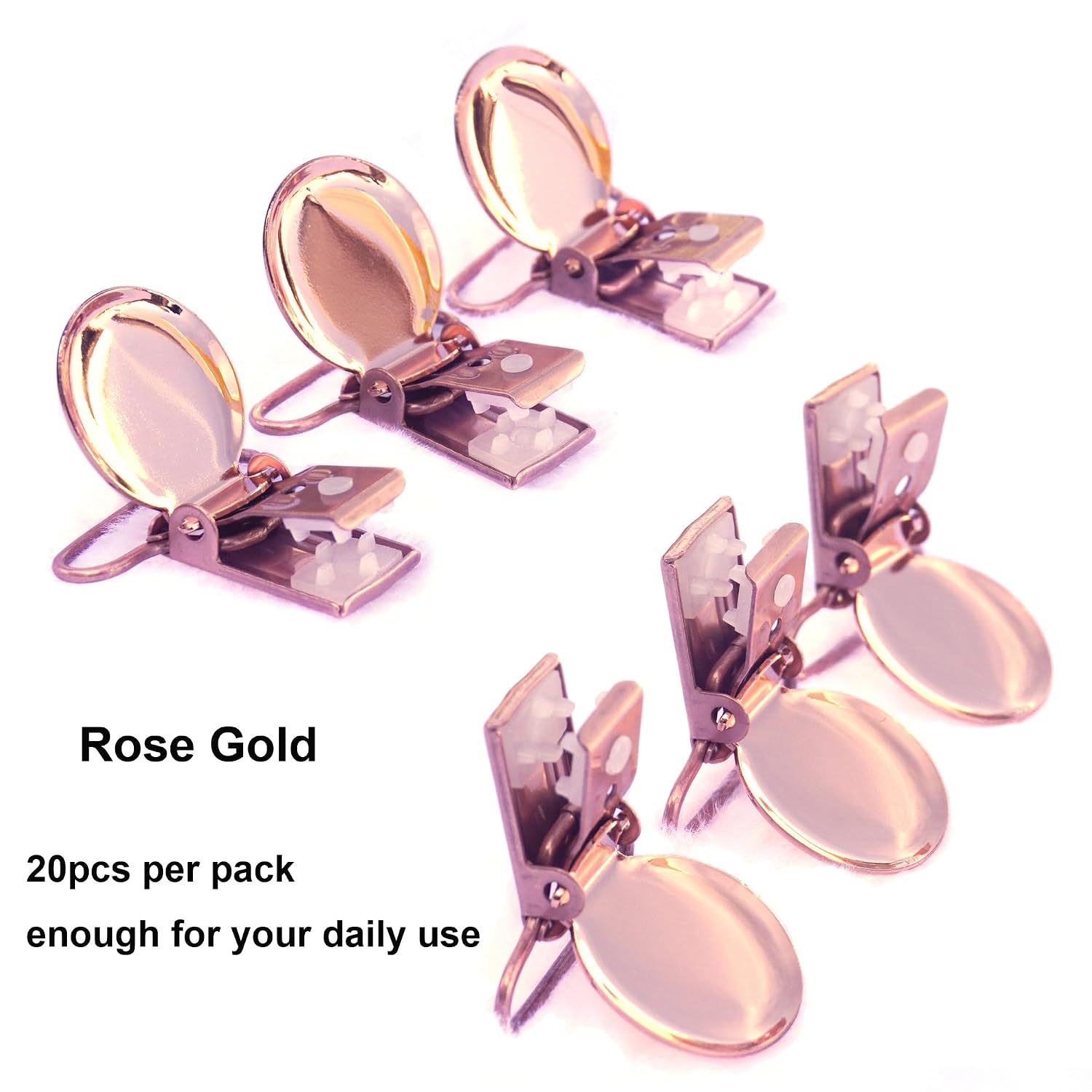 Round Face 1" 25mm Rose Gold Metal Dummy Pacifier Clip/Suspender Clips Sewing Clips Bib Teething Toys Holder with Plastic Teeth Insert (20Pcs Rose Gold)