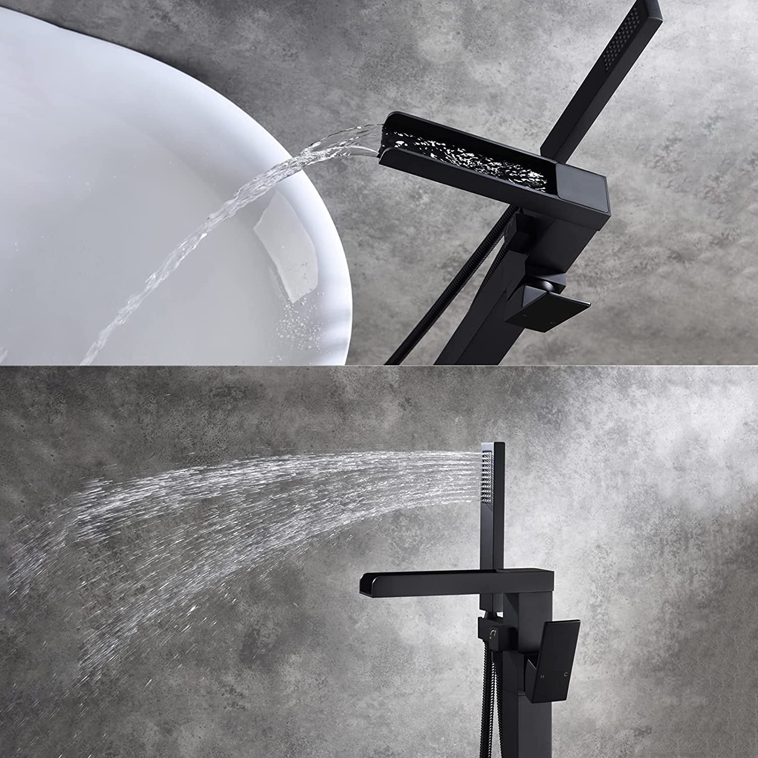 Freistehende Badewannenarmatur Mit Wasserfall-Auslauf & Handbrause – Schwarz, Messing