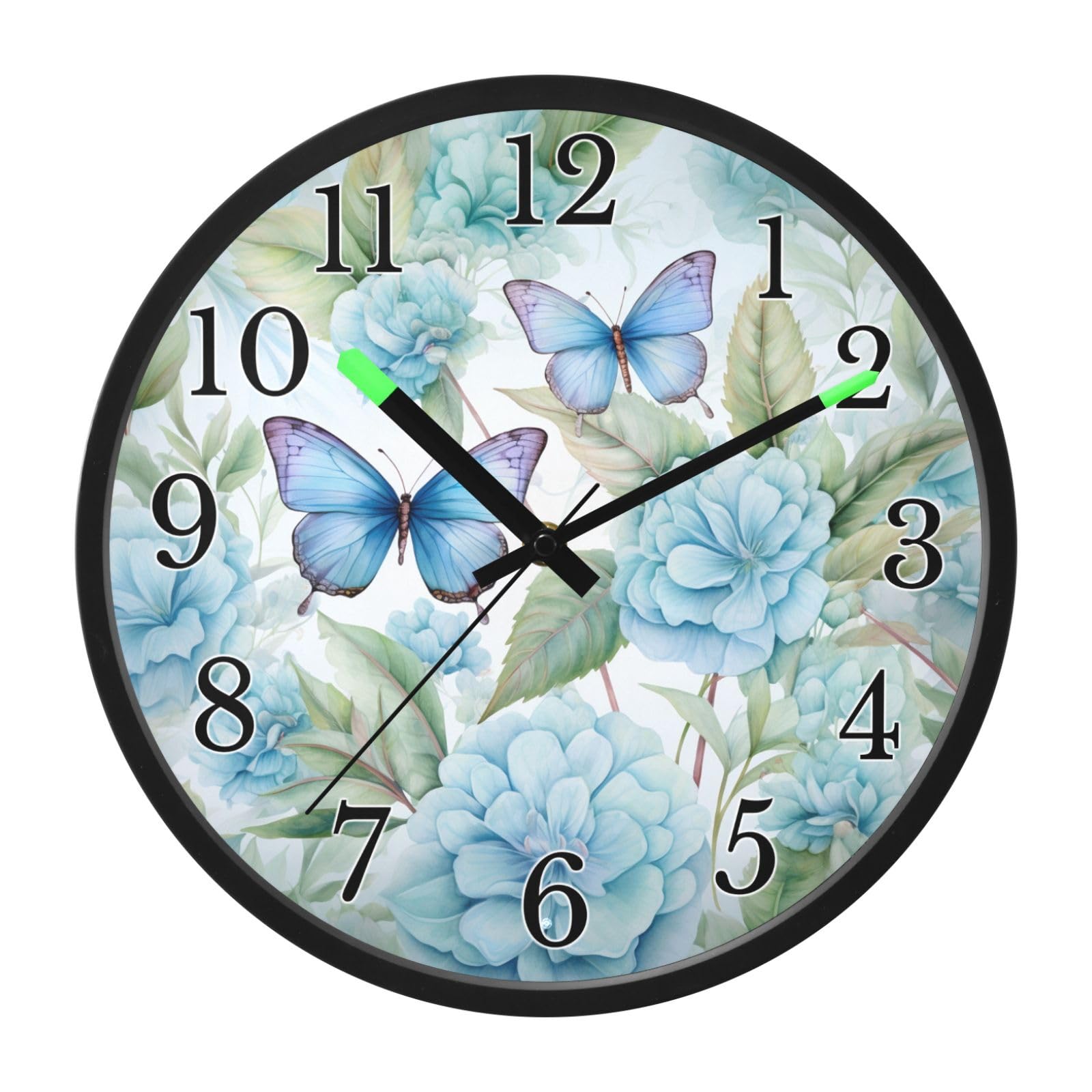 Mnsruu Reloj de pared luminoso con diseño de flores y mariposas, color azul, funciona con pilas, silencioso, brilla en la oscuridad, para sala de estar, cocina, 12 pulgadas