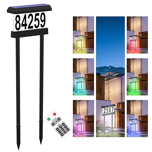 IVWVI Double Side Solar Address Numbers, Lighted House Numbers for Outside, Waterproof RGBW Color Changing Remote Control, Led Illuminated Solar Address Sign with Stakes for Garden Street Home Yard