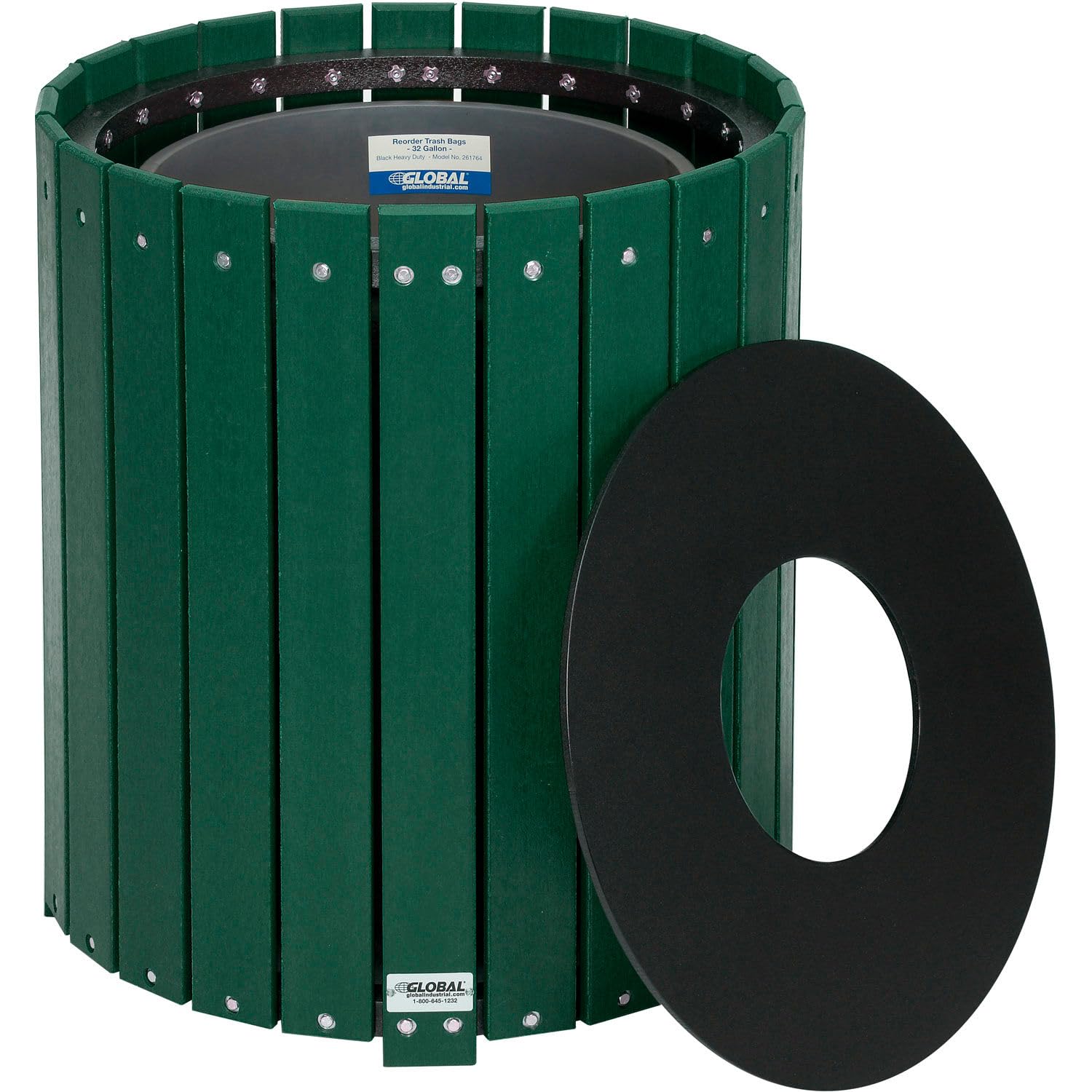 Global Industrial Round Recycled Plastic Receptacle W/Liner, 32 Gallon, Green