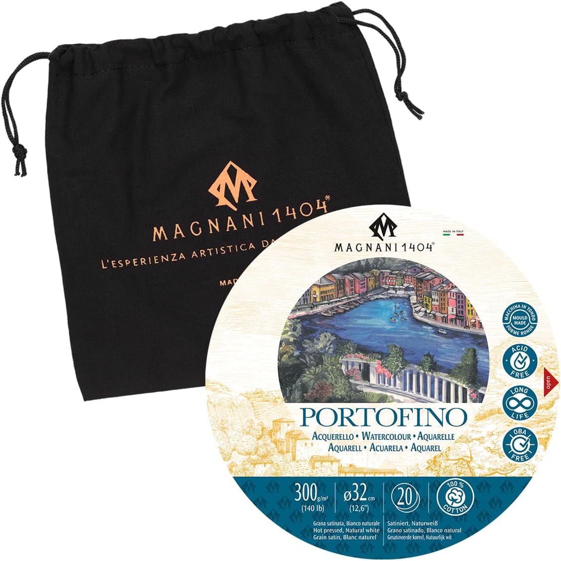 Portofino Hot Press 100% Cotton Watercolor Paper Block, 20 Sheets, 12.6" Round, 140 lb, Acid-Free, UV Resistant, Vegan Sized Water Color Paper for Artists, Made in Italy