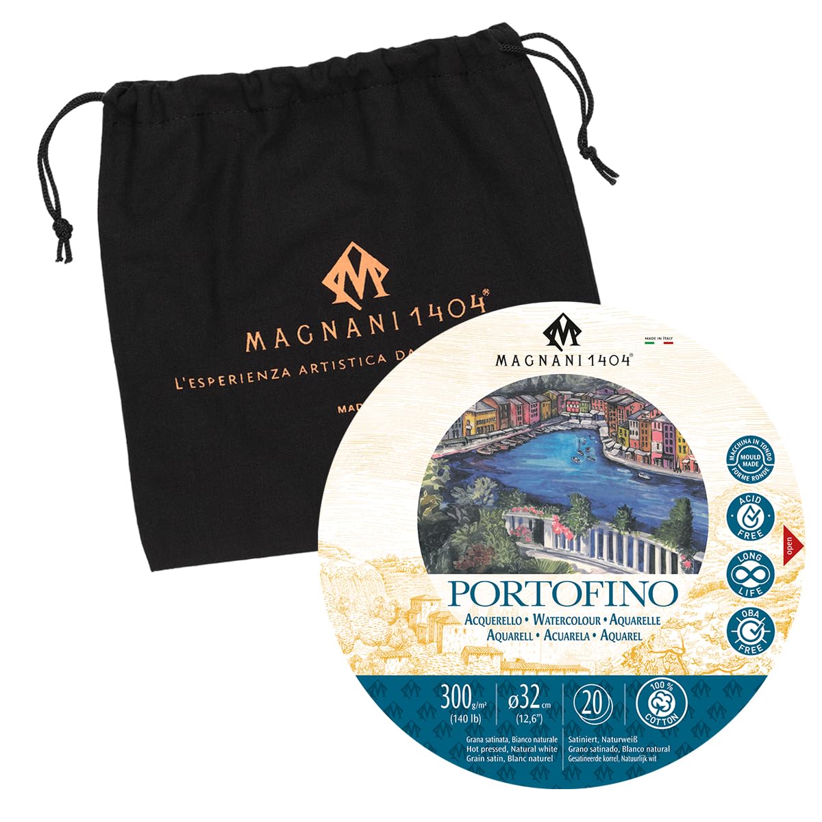 Magnani 1404 Portofino Hot Press 100% Cotton Watercolor Paper Block, 20 Sheets, 12.6" Round, 140 lb, Acid-Free, UV Resistant, Vegan Sized Water Color Paper for Artists, Made in Italy