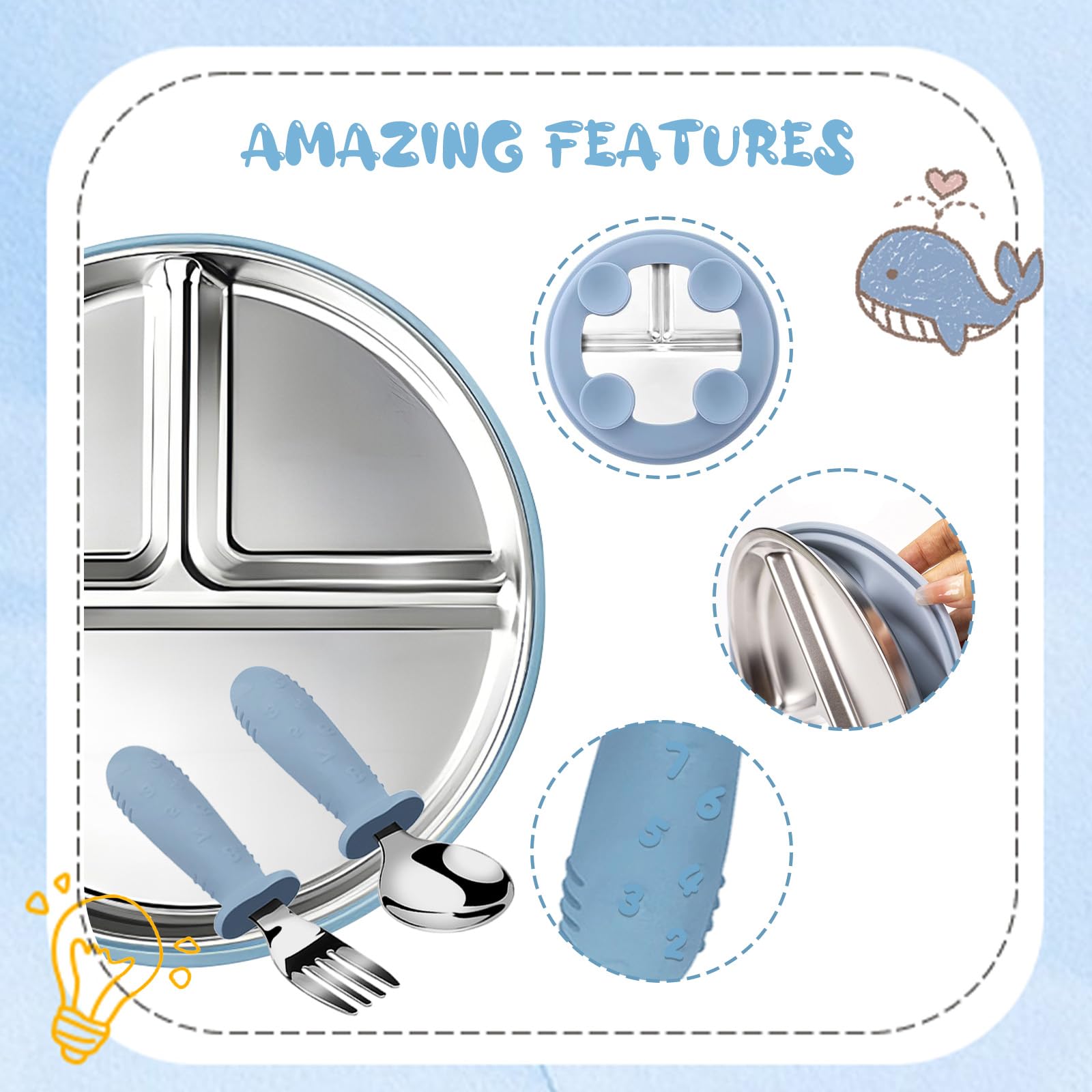Set d'Assiettes Compartimentées pour Bébé – Assiettes en Acier Inoxydable avec Ventouse en Silicone, Couverts Bébé, Vaisselle Enfant pour Repas Sans Débordement, Sans BPA – Inclut Cuillère & Fourchett
