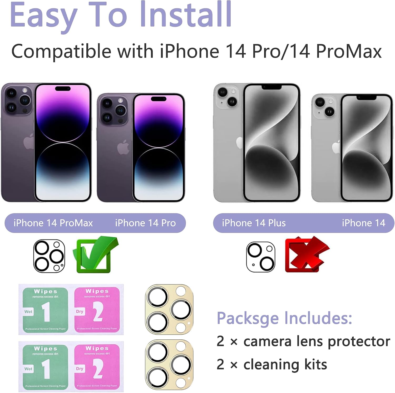 2 Pack Camera Lens Protector for iPhone 14 Pro/14 Pro Max,Metal AR Tempered Glass Rear Camera Screen Cover,Anti-Scratch,Strong Adsorption,Case Friendly, Easy to Install-Gold image 2