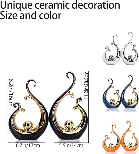 Miniatura 2 de DOVDOV Juego de 2 estatuas abstractas de cerámica blanca y plateada, detalles art deco modernos, decoración única para el hogar, decoración de mesa