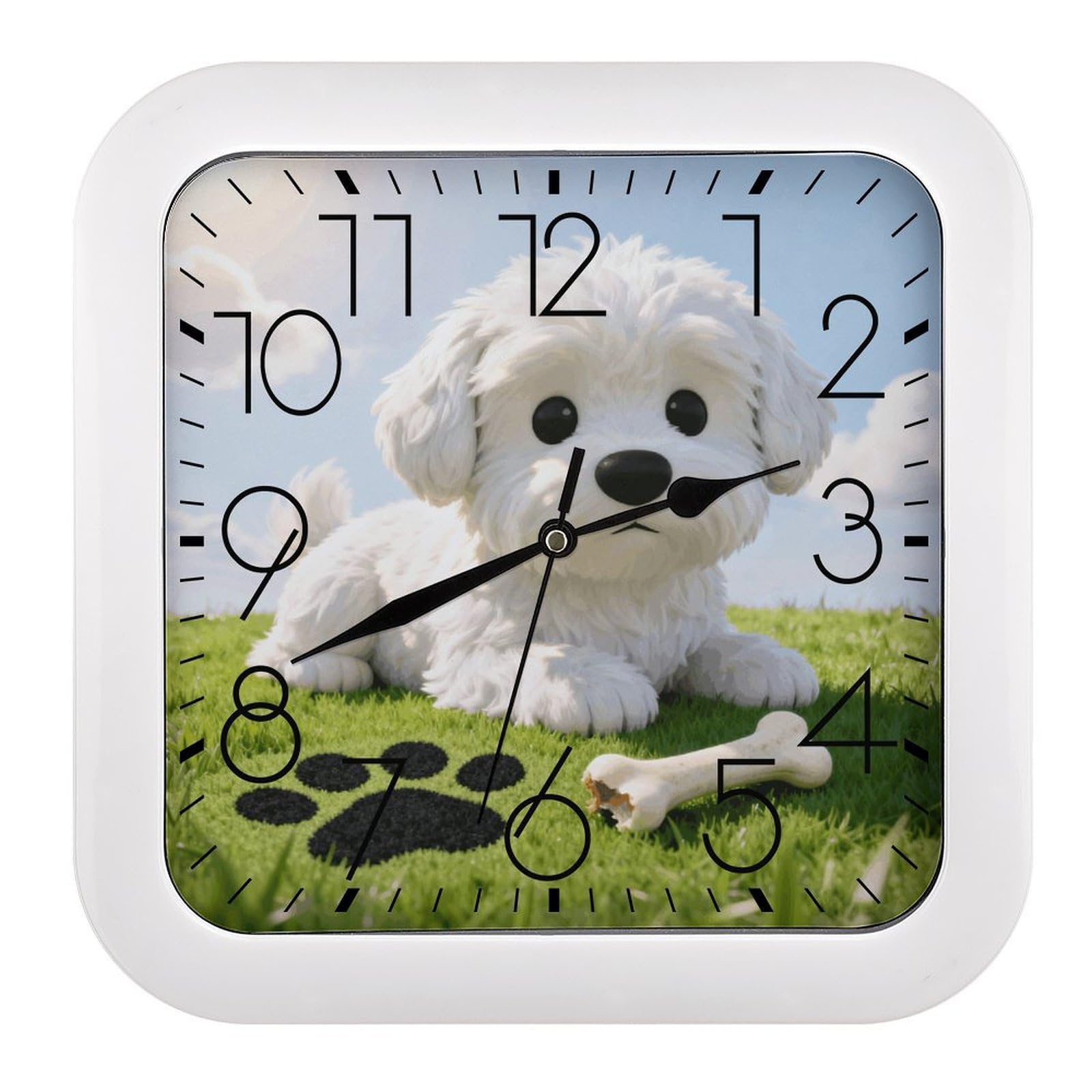 LZQPOEAS Dog Paw Bone Print Square Wall Clock, 10.2 Inch Battery Operated Silent Non-Ticking Wall Clock, Square Analog Decorative Clock for Home Wall Art, Living Room, Bedroom, and Office