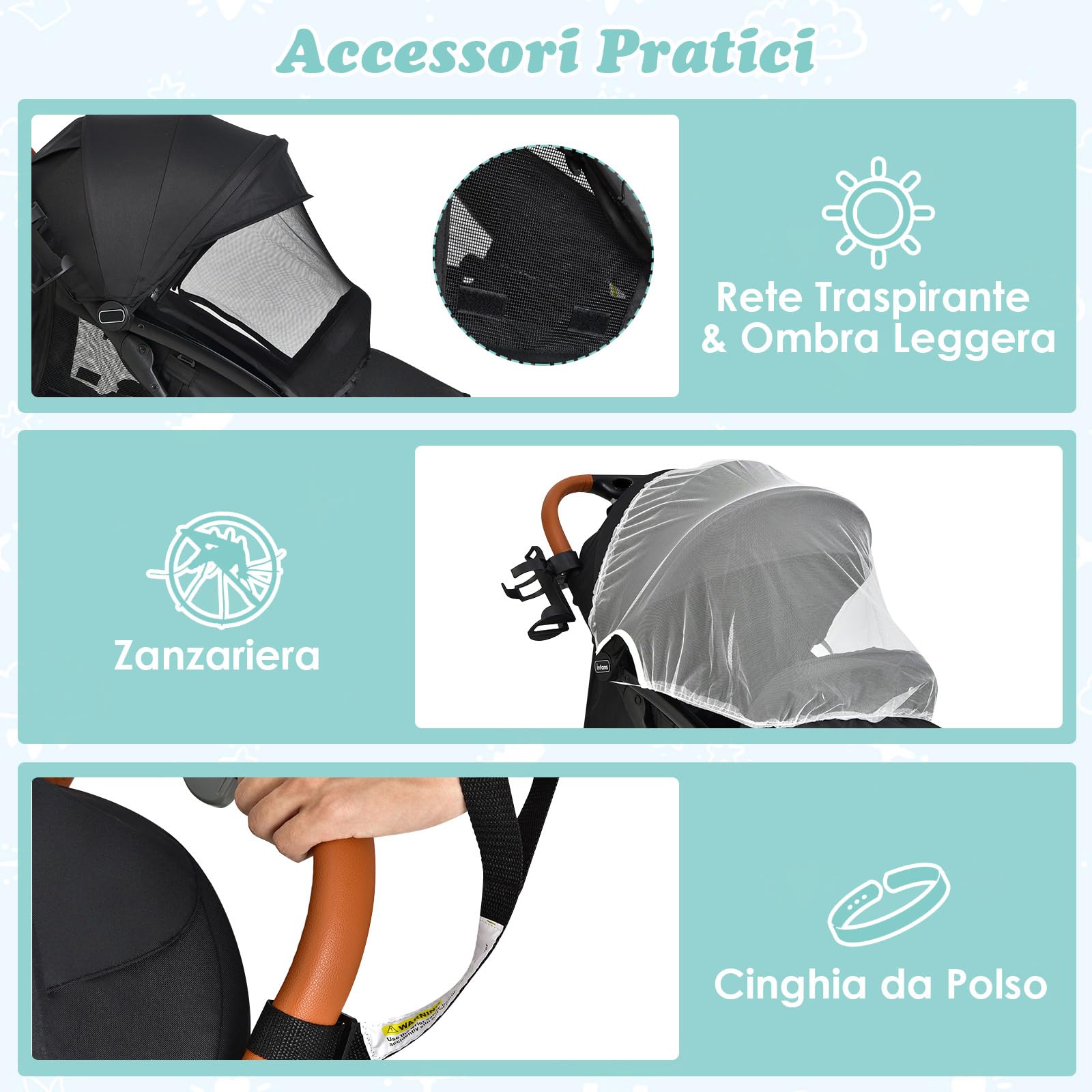 COSTWAY Passeggino Leggero per Bambini, Carrozzina con Schienale Regolabile, Passeggino Pieghevole con Ruote Universali, Sacco a fondo,per Bambini 0-36 Mesi, Portata 15 kg(Nero)