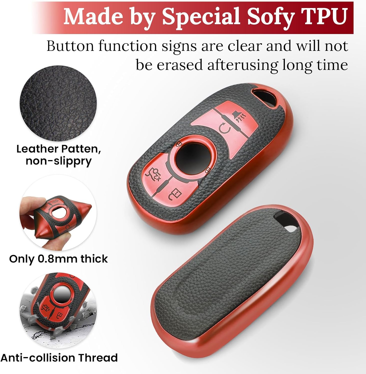 Key Fob Cover for Buick, Braided Loop Keychain Accessory, Red | Wear-resistant TPU shell, short PU braided loop, daily splash, scratch and drop protection, normal signal use, easy setup