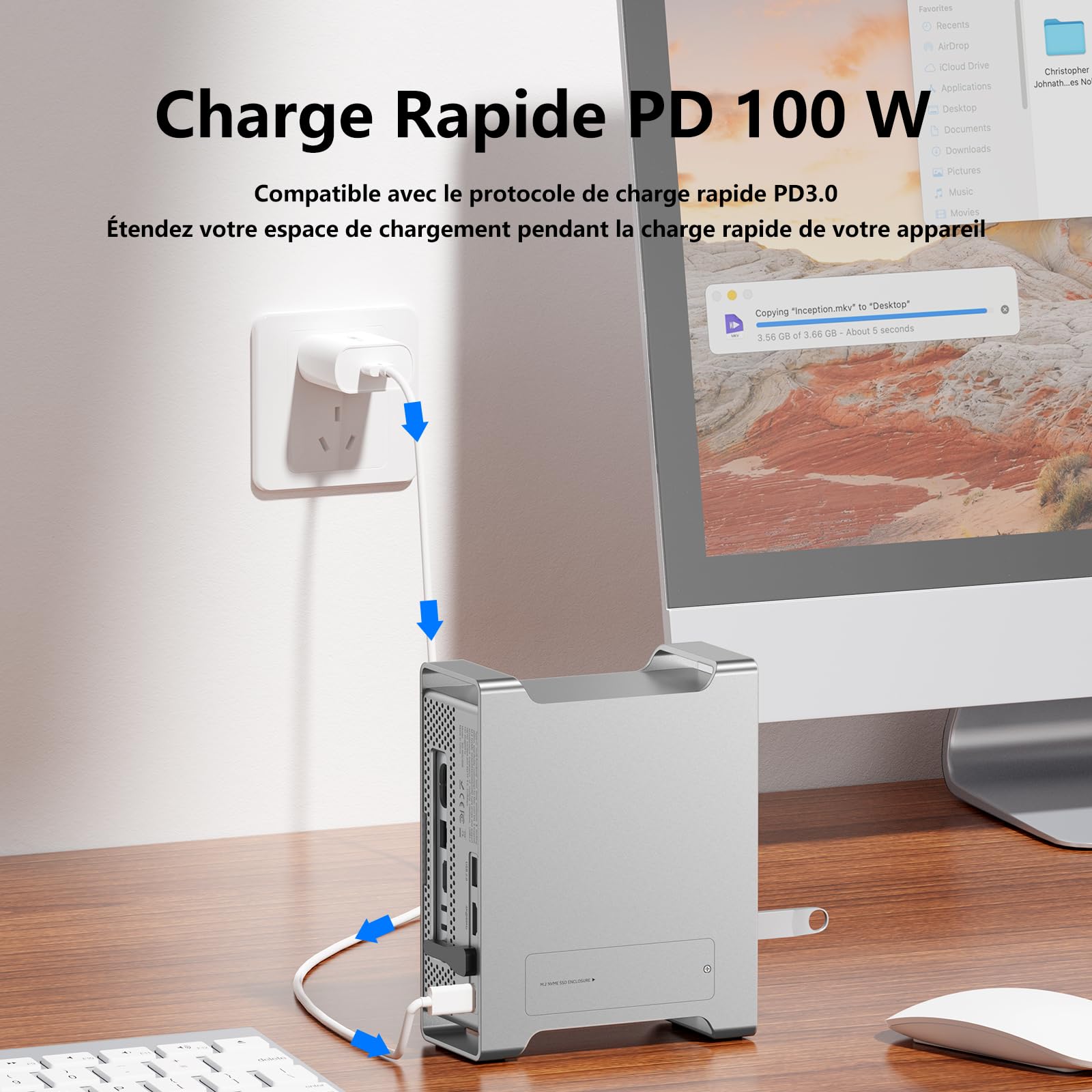 Dock & Stand USB C pour Mac Mini M4/M4 Pro 2024, Station d'accueil avec Boîtier SSD M.2 NVMe (Jusqu'à 8 to), HDMI 4K@60Hz, Données 10 Gbps USB-C/A, Lecteur de Cartes SD/TF, Support Aluminium