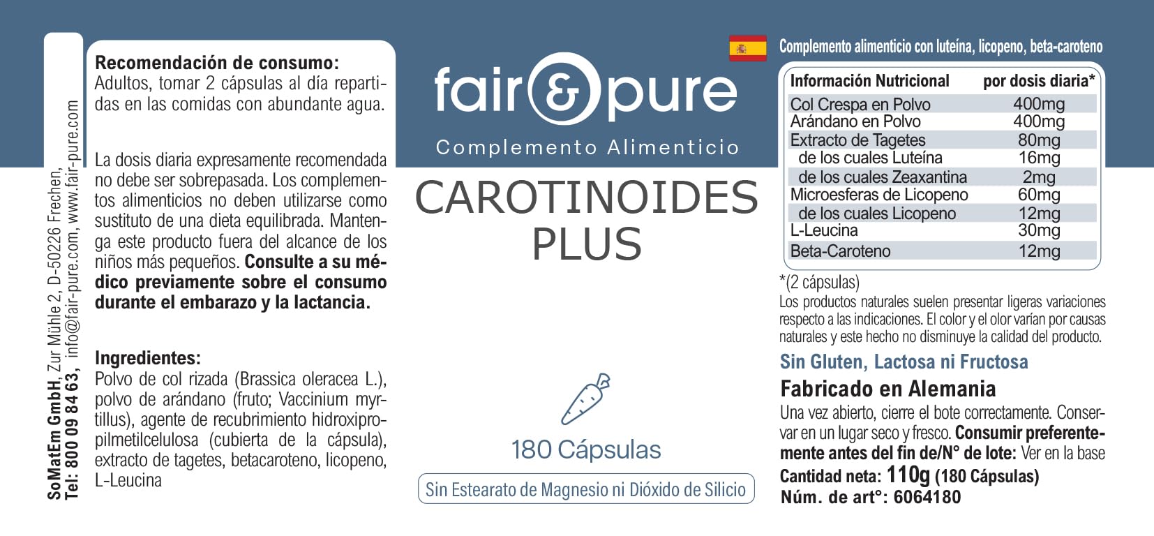 Fair & Pure® - Carotinoidi Plus - Complesso di carotenoidi - Con Beta-carotene, luteina, zeaxantina e licopene - Vegan - 180 Capsule