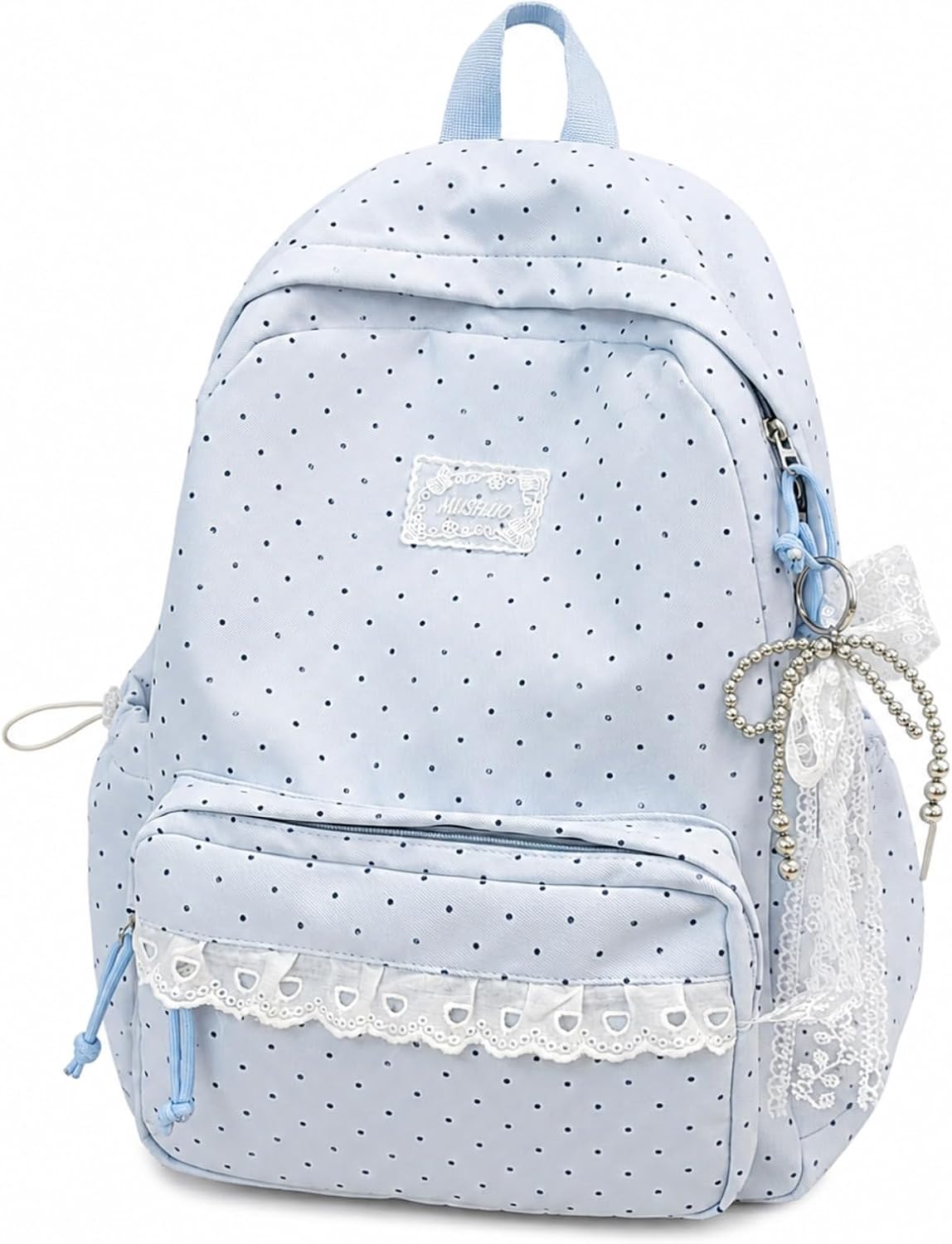 Cute Lace Backpack Coquette Aesthetic Backpack Large Laptop Daypack Kawaii Supplie with Bow Accessories (Baby Blue Polka Dot)