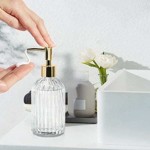 Miniatura 7 de Dispensador de jabón de vidrio con bomba dorada de 14 onzas, dispensador de loción de platos de mano con bomba de plástico, para encimera de rayas